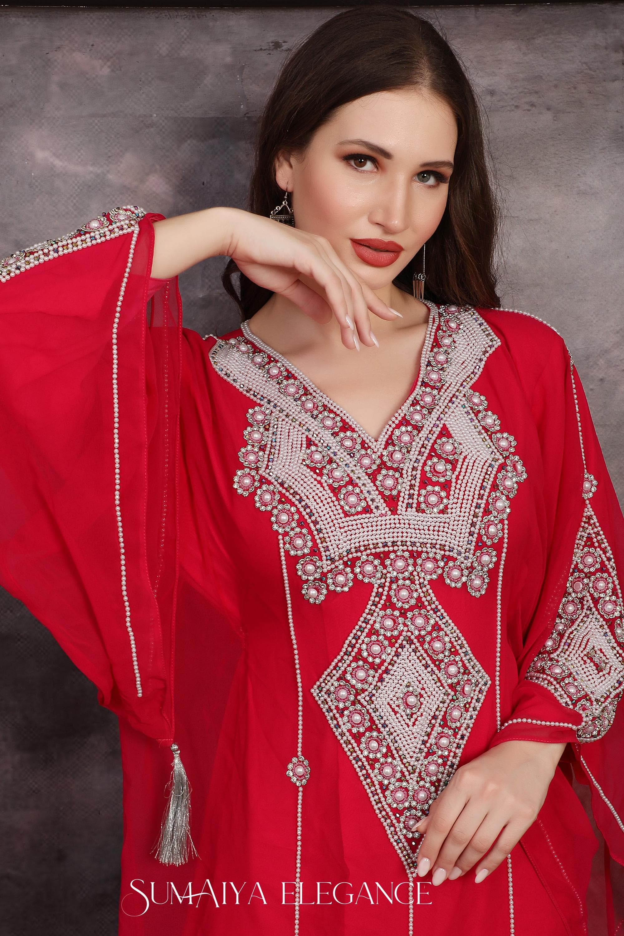 Hand Beaded Moroccan Kaftan Dress, Dubai Abaya with Scarf - image 3