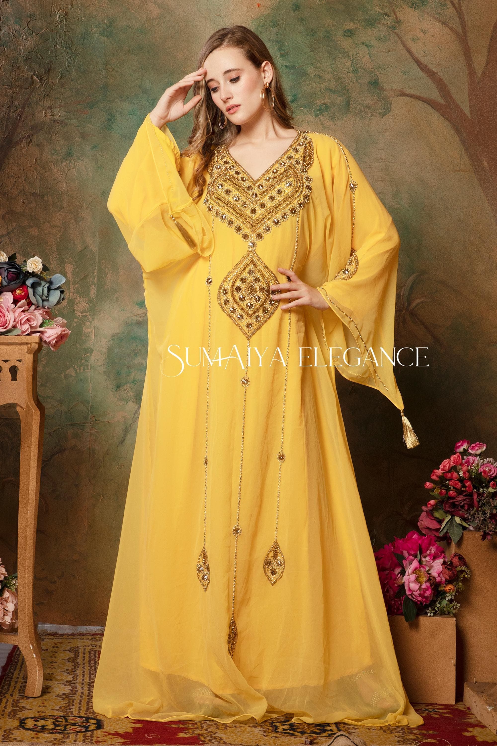 Hand Beaded Moroccan Caftan, Georgette Arabic Takchita with Scarf