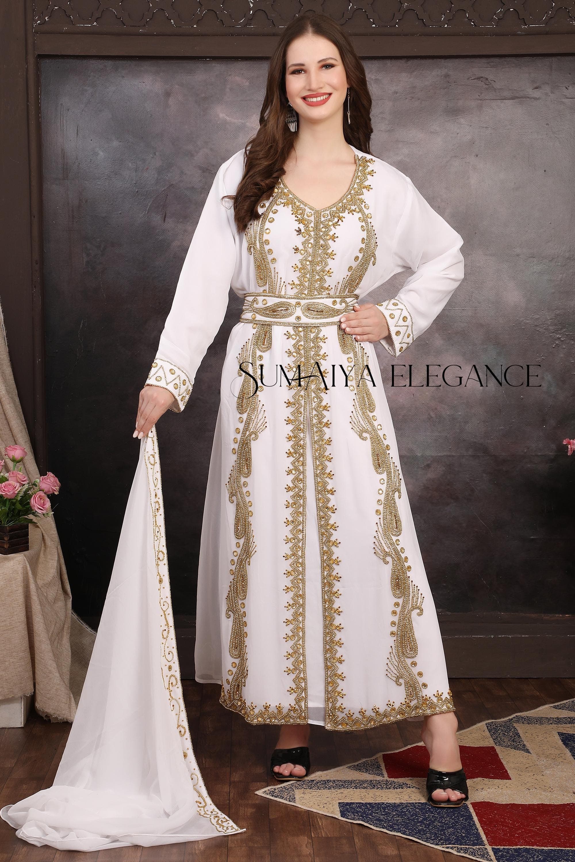 Hand Beaded Moroccan Kaftan with Scarf - Dubai Style Abaya, Party Gown