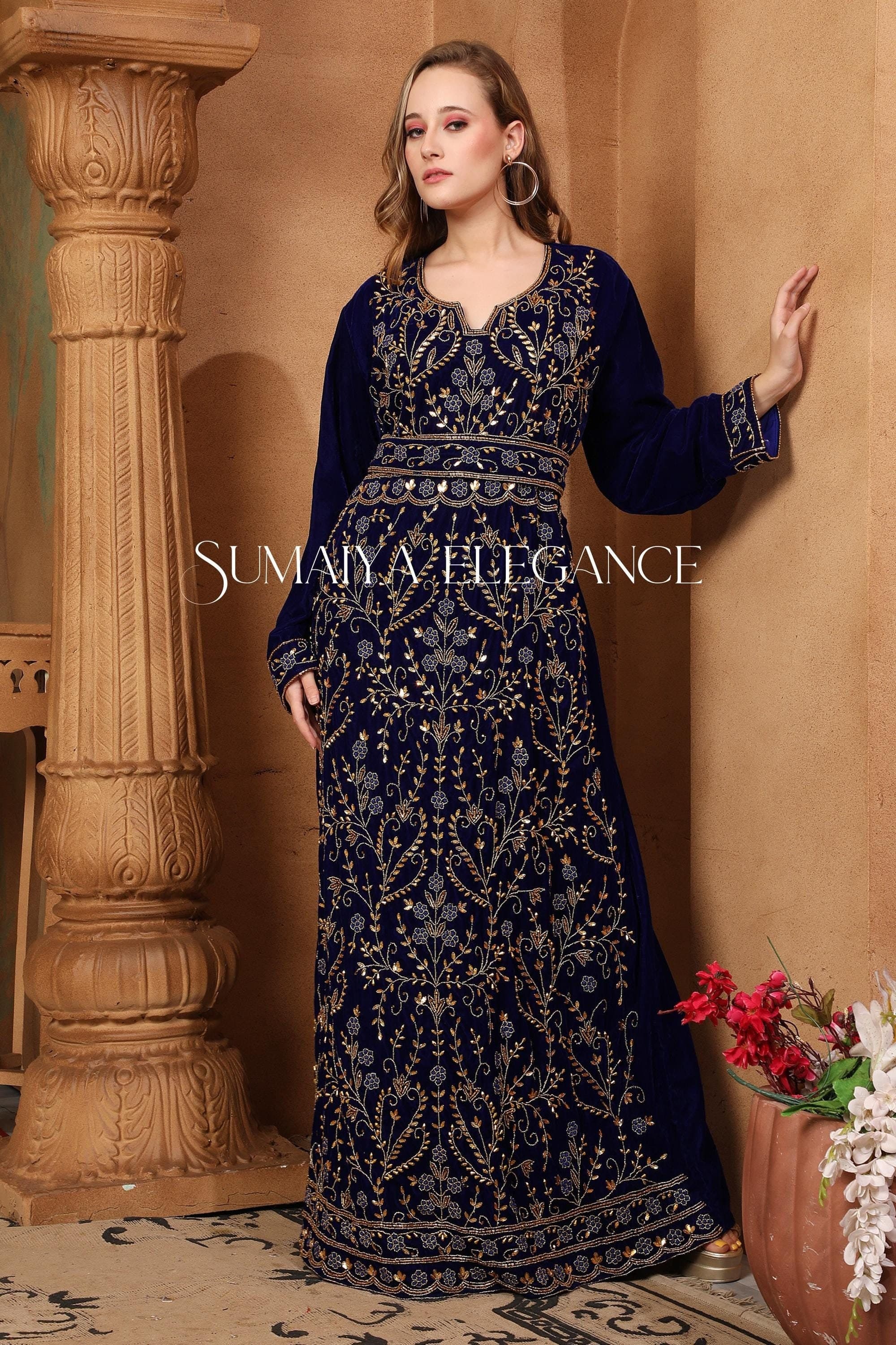 Black Velvet Thobe: Hand Beaded Moroccan Kaftan Abaya Wedding Dress