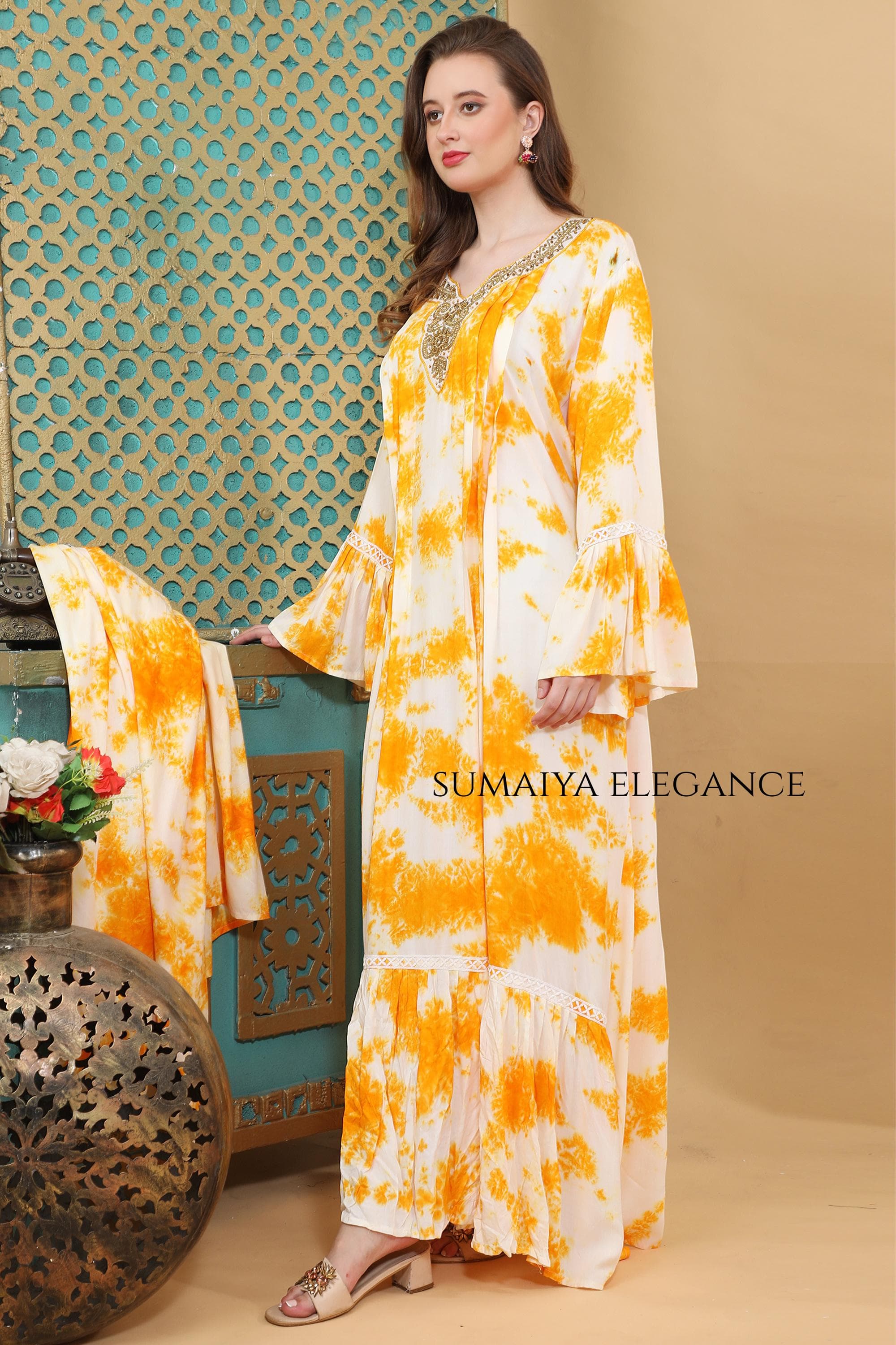 Bohemian Tie Dye Maxi Summer Beach Vacation Dress Lace Trim Bell Sleeve Gown Intricate Neckline Embroidery Long Dress - image 3