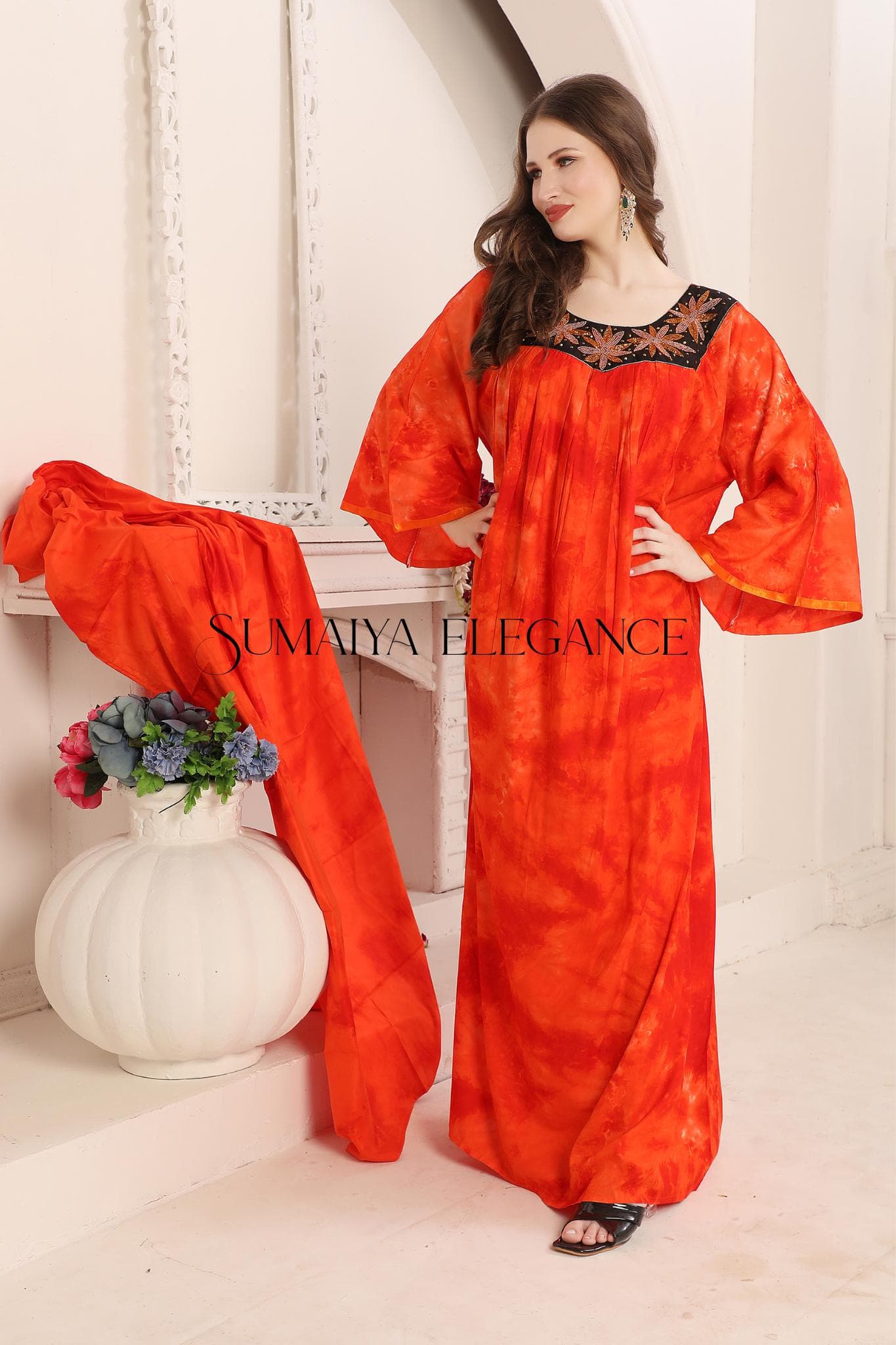 Handmade Pleated Kaftan Dress | Beaded Abaya Gown, Matching Scarf - image 5