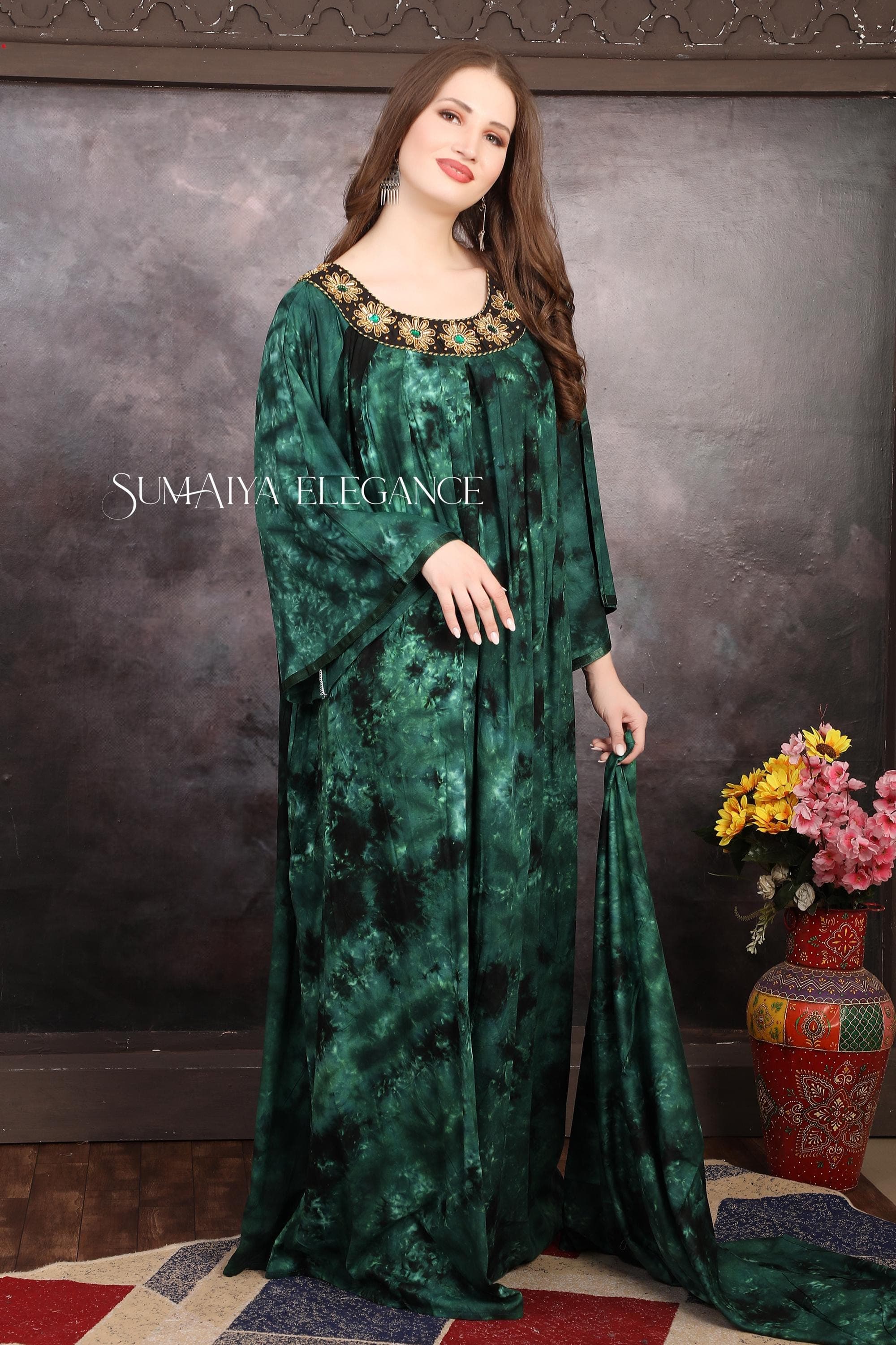 Luxury Handmade Abaya Dubai Tie Dye Kaftan Dress with Embroidered Neckline Floor Length Modest African Maxi Party Wear Wedding Beach Dress - image 5