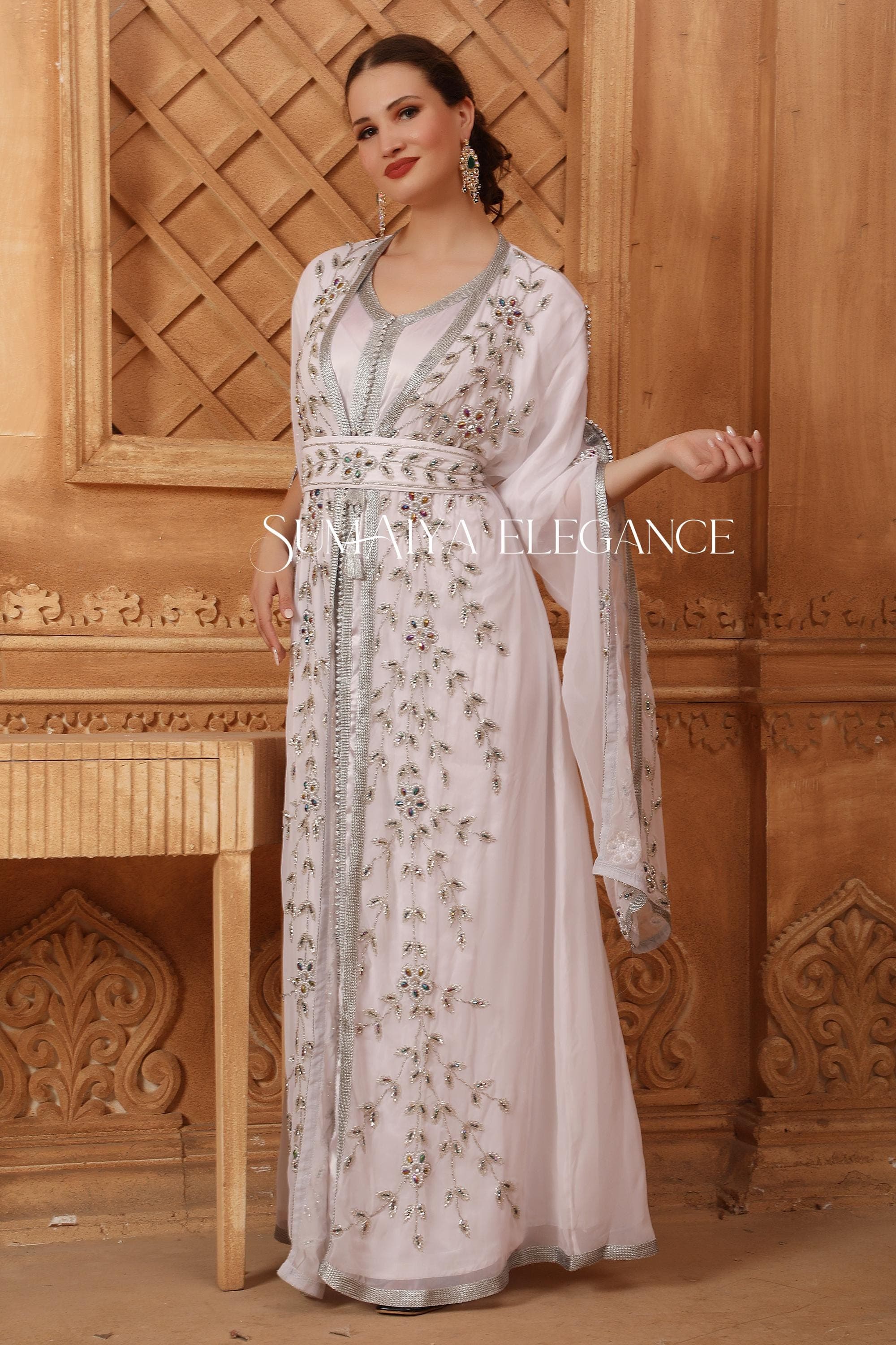 Shifa Moroccan Kaftan Elegant Arabic Abaya Dress Dubai Caftan Fancy Hand Beaded Party Wear Wedding Long Gown Stylish Dress Come with Scarf - image 4