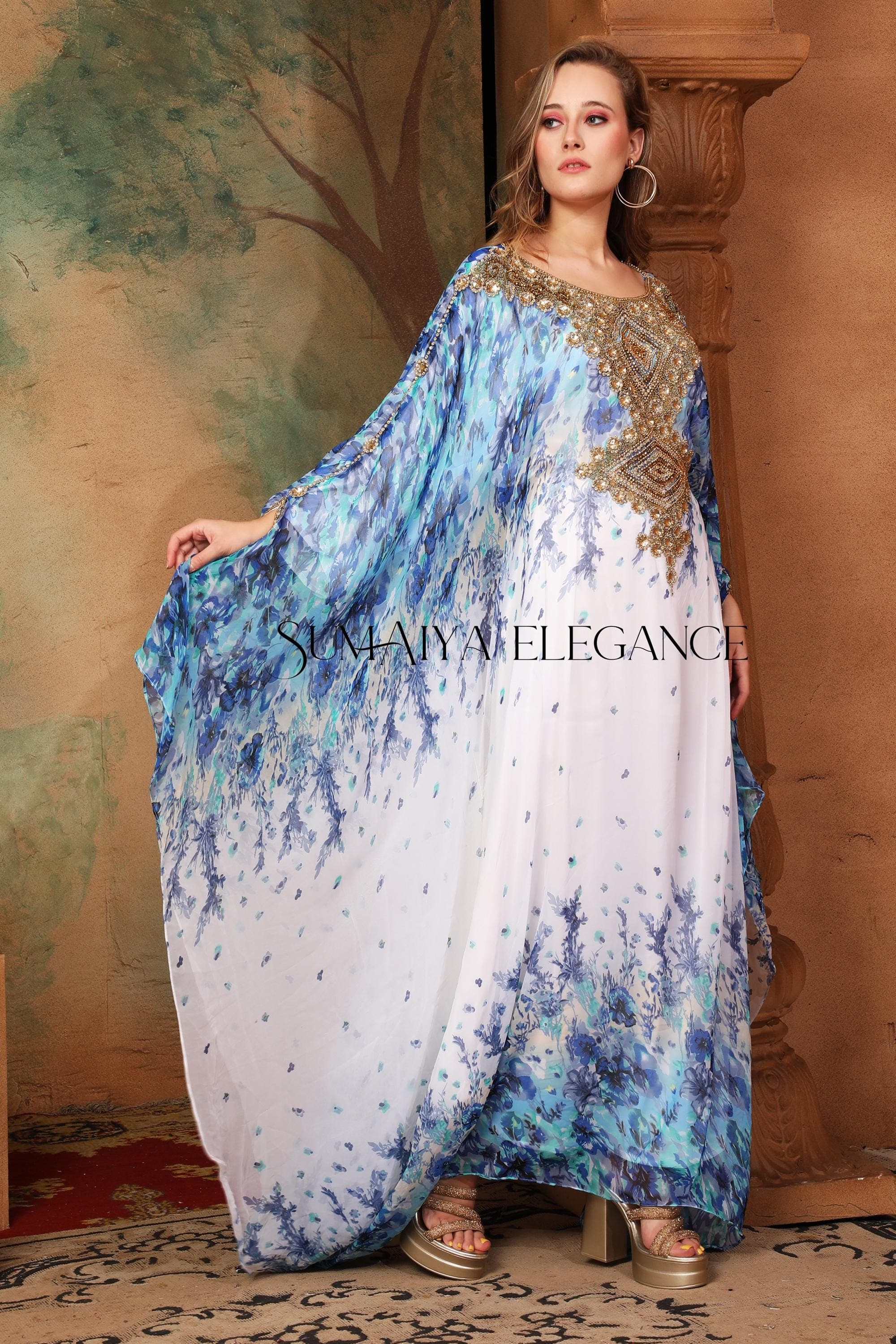 Hand Beaded Georgette Kaftan Dress with Headscarf