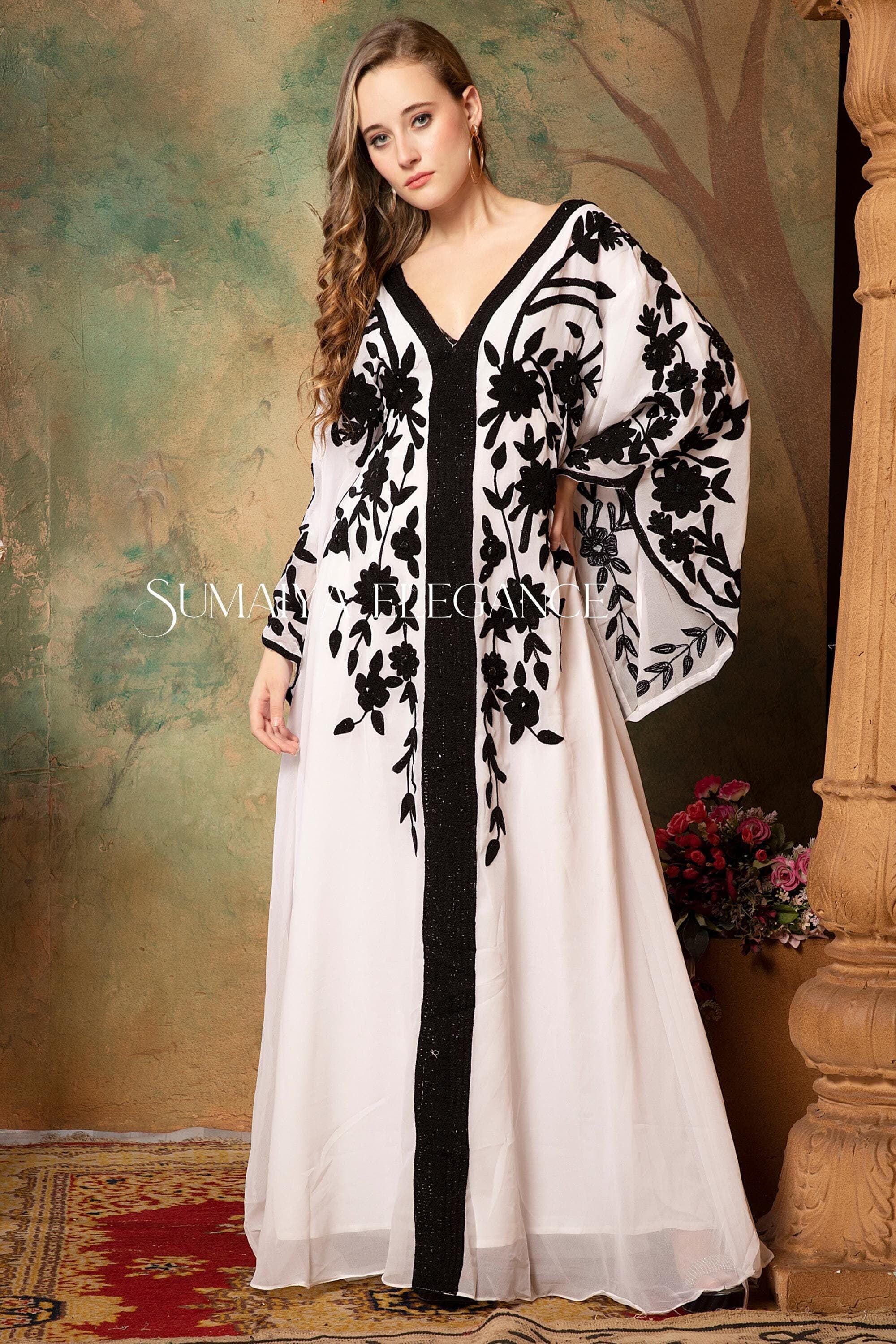 Hand Beaded Kaftan Abaya Dress, Aari Work Georgette, Party Gown