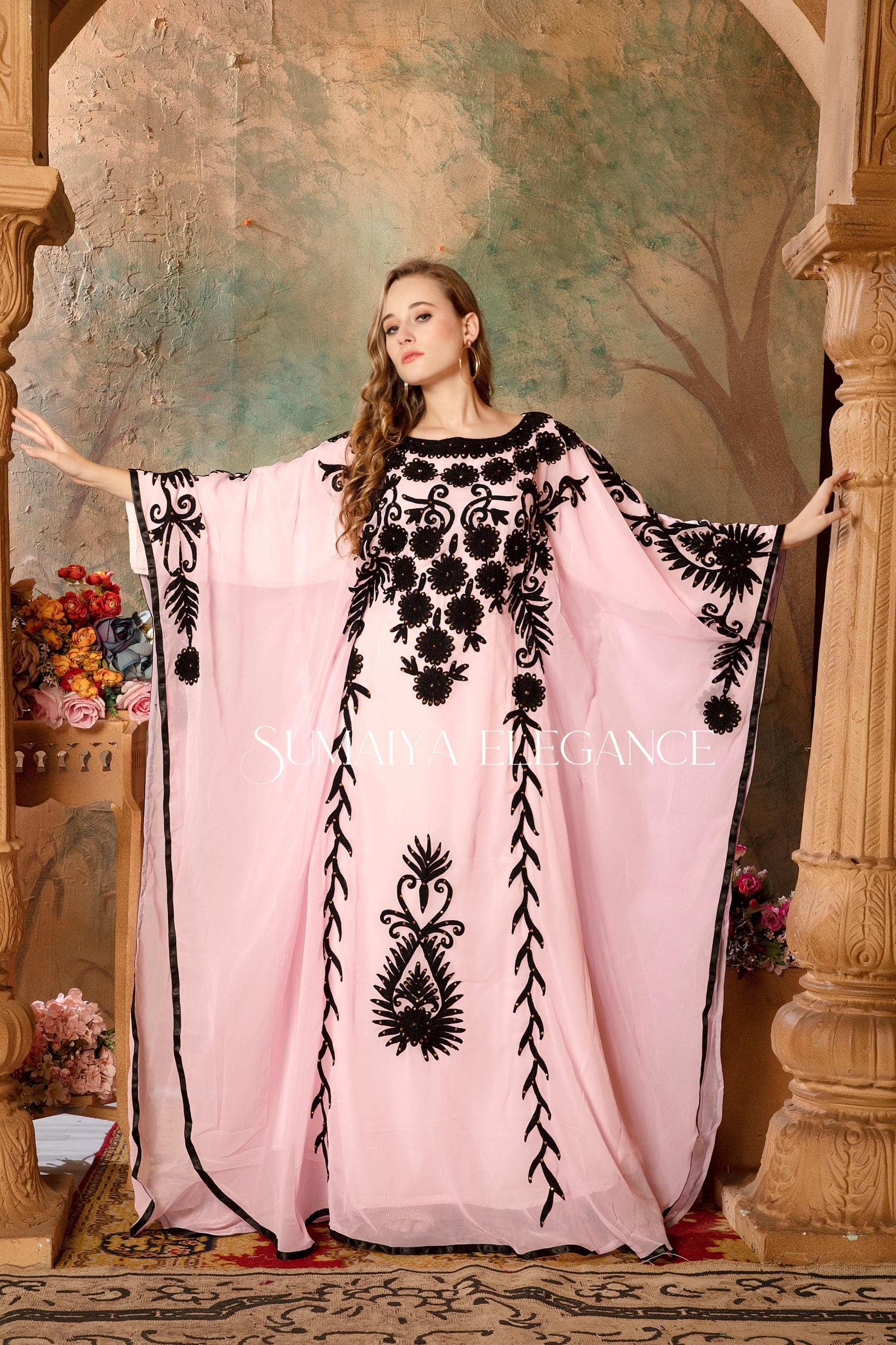 Hand-Beaded Abaya Farasha Dress: Dubai Kaftan, Moroccan Style