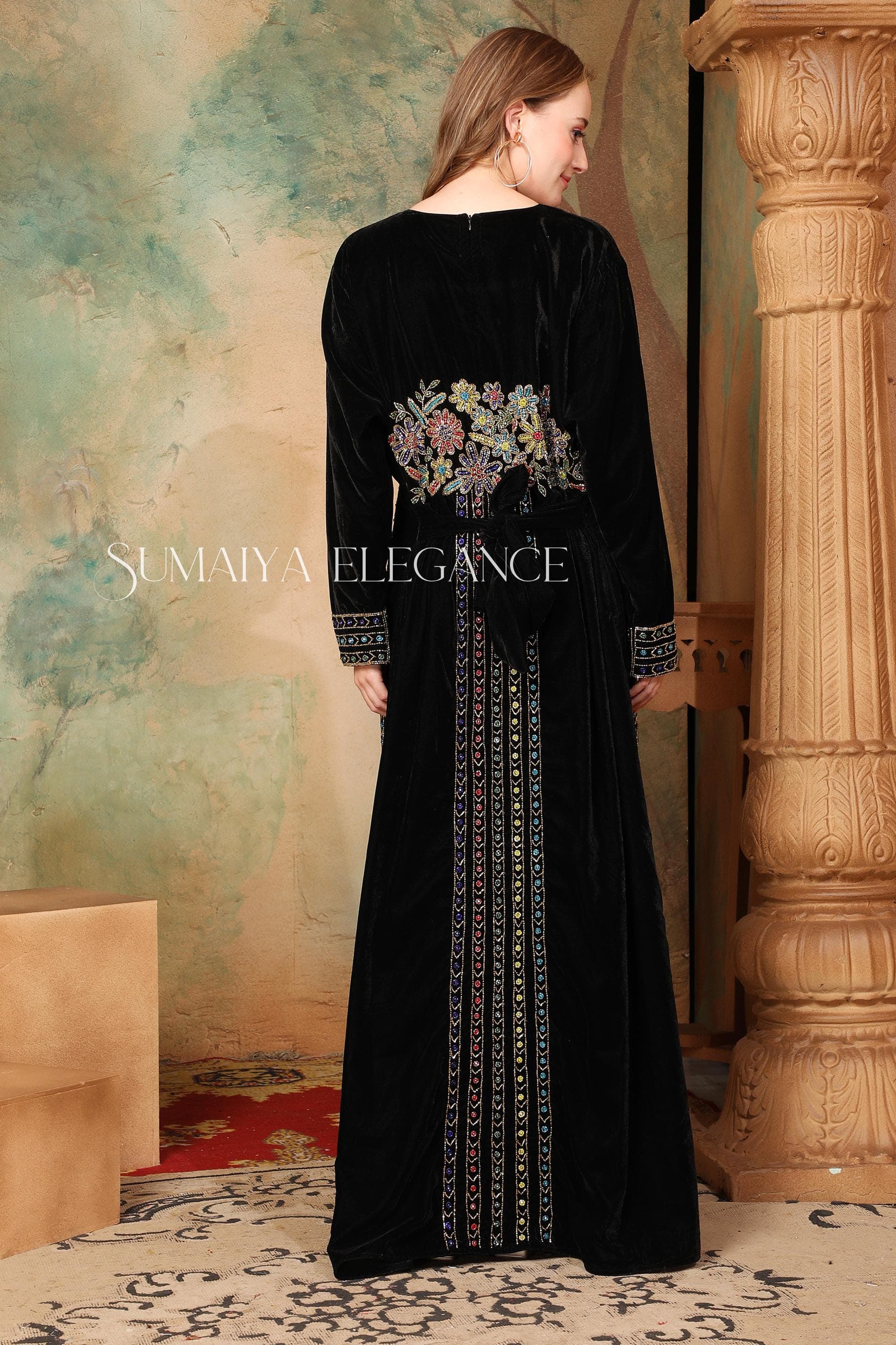 Embroidered Velvet Caftan Gown: Moroccan Abaya, Arabic Party Dress - image 3