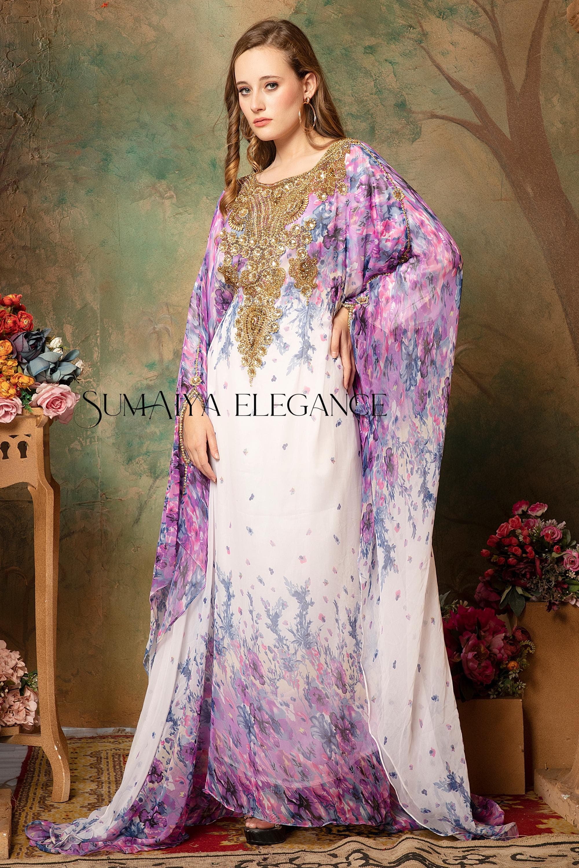 Floral Georgette Kaftan Dress, Hand-Embellished Abaya with Headscarf - image 4