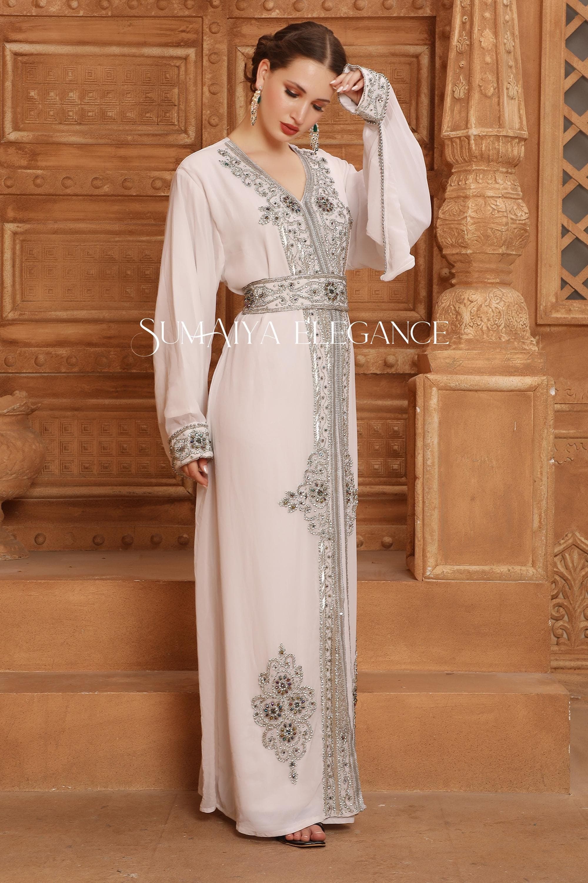 Hand Embellished Moroccan Kaftan Abaya, Arabic Wedding Dress with Scarf - image 4