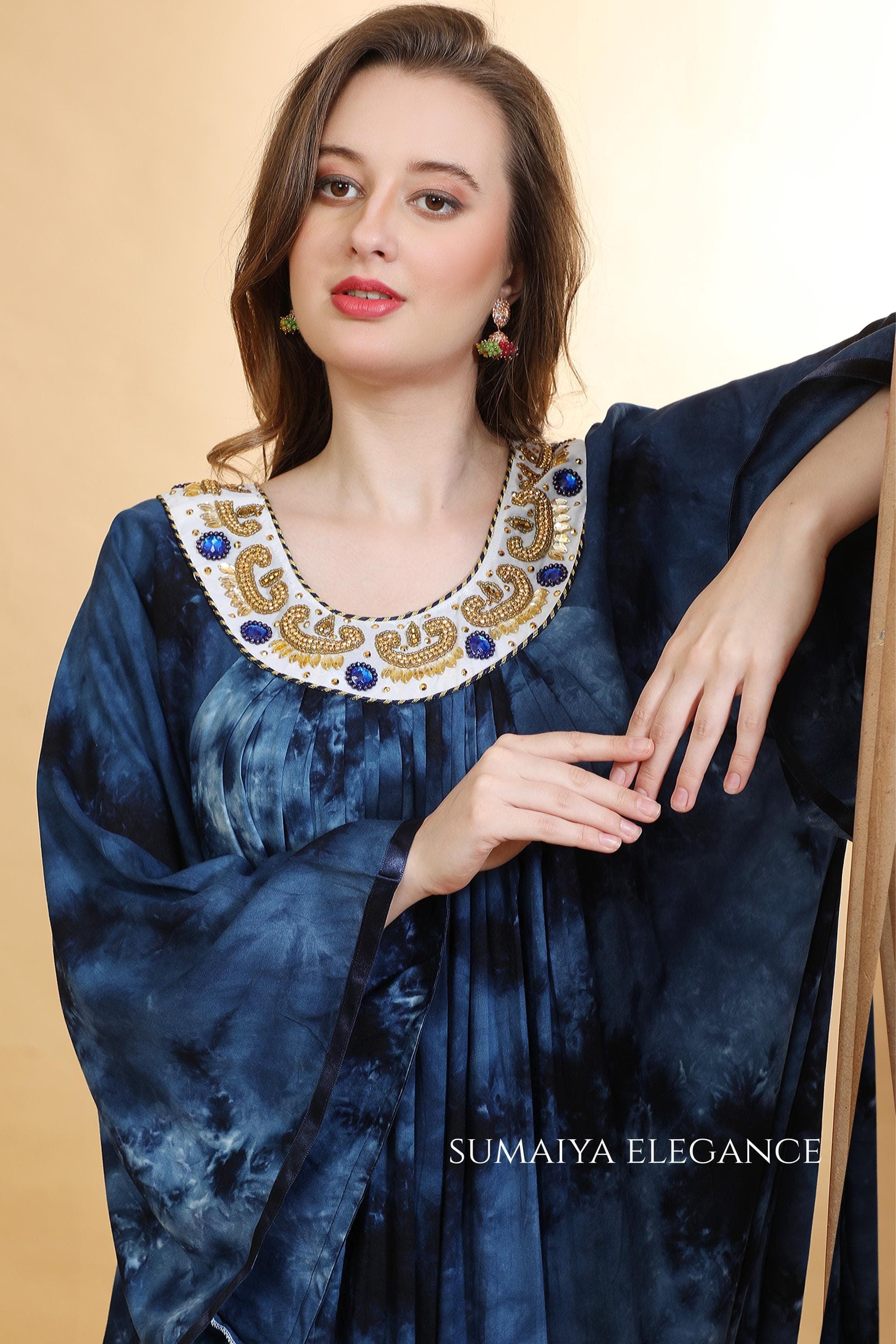 Tie Dye Kaftan Dress, Embroidered Round Neck Farasha, Flowy Pleated Maxi Kaftan, Bell Sleeve Lounge Dress - image 5