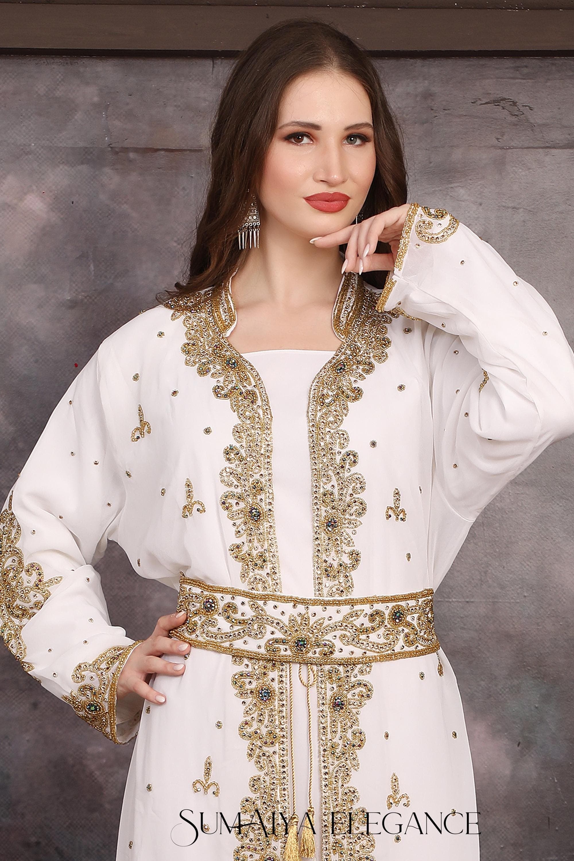 Elegant White and Gold Moroccan Kaftan, Embellished Arabic Nikkah Wedding Dress With Belt & Scarf, Eid Outfit - image 3