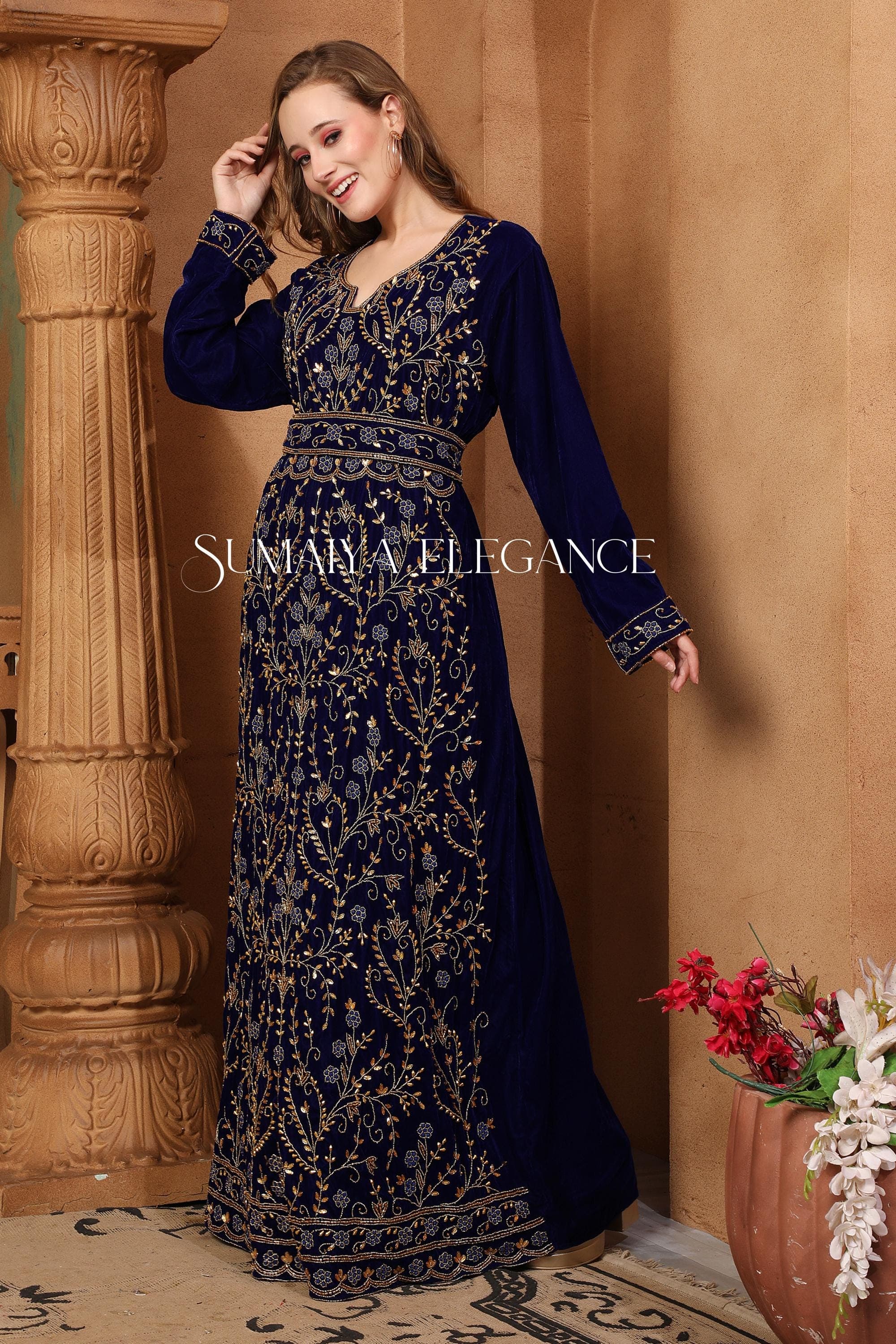 Black Velvet Thobe: Hand Beaded Moroccan Kaftan Abaya Wedding Dress - image 5
