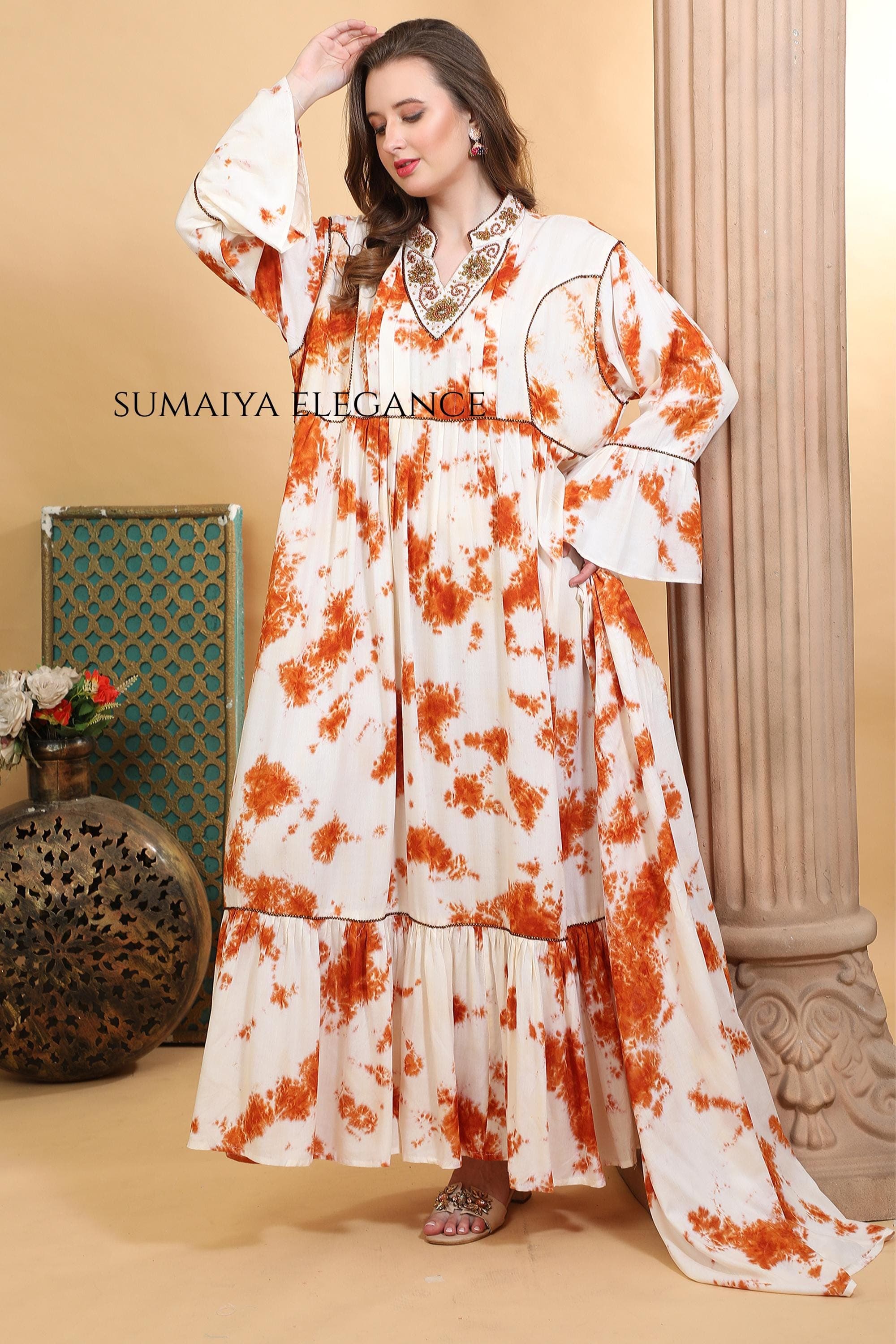 Bohemian Resort Wear Maxi | Tie Dye Beach Vacation Dress | Embroidered Neckline Flowy Summer Gown - image 3