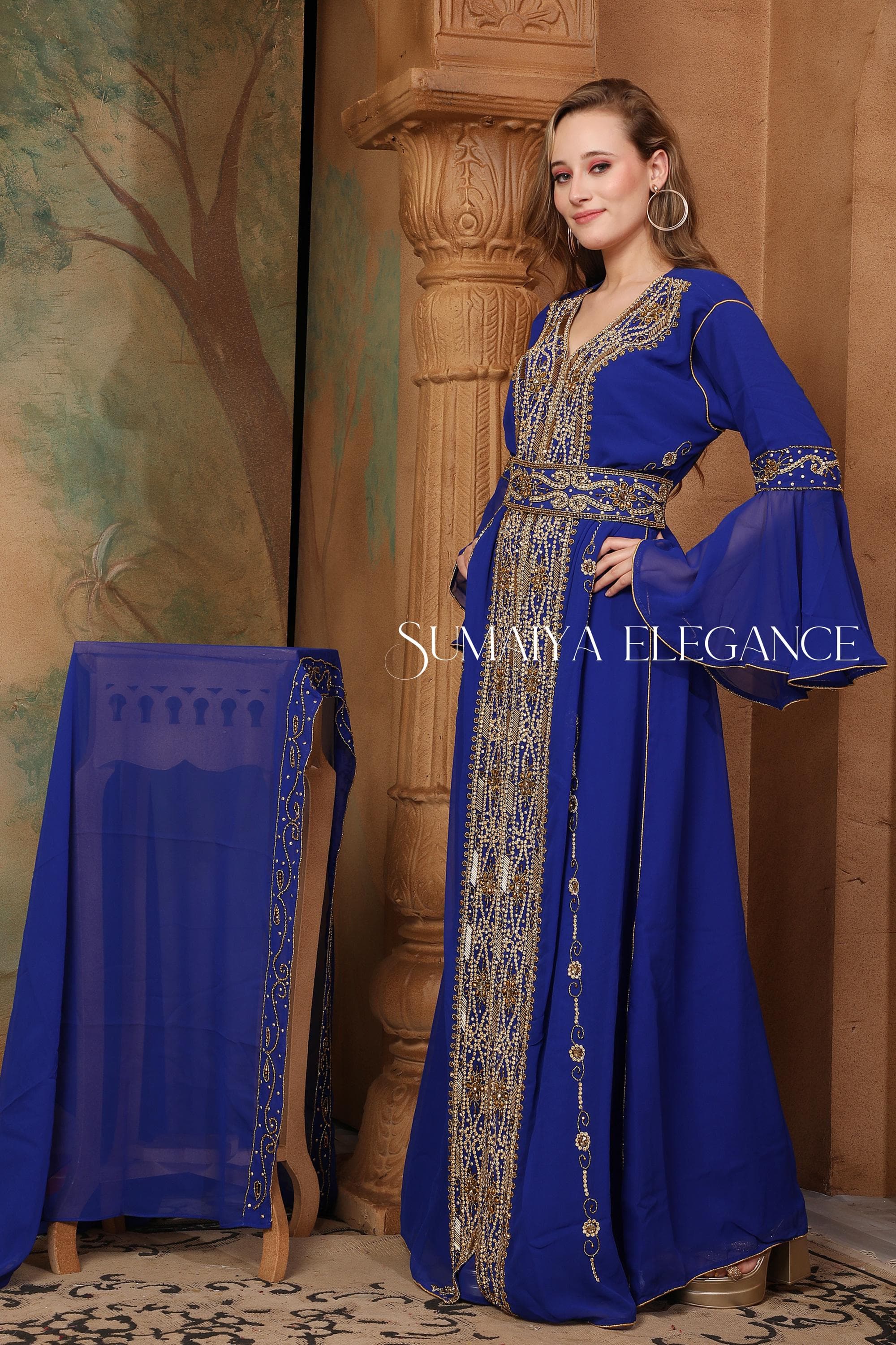 Hand Beaded Moroccan Caftan, Dubai Georgette Abaya Dress with Scarf - image 4