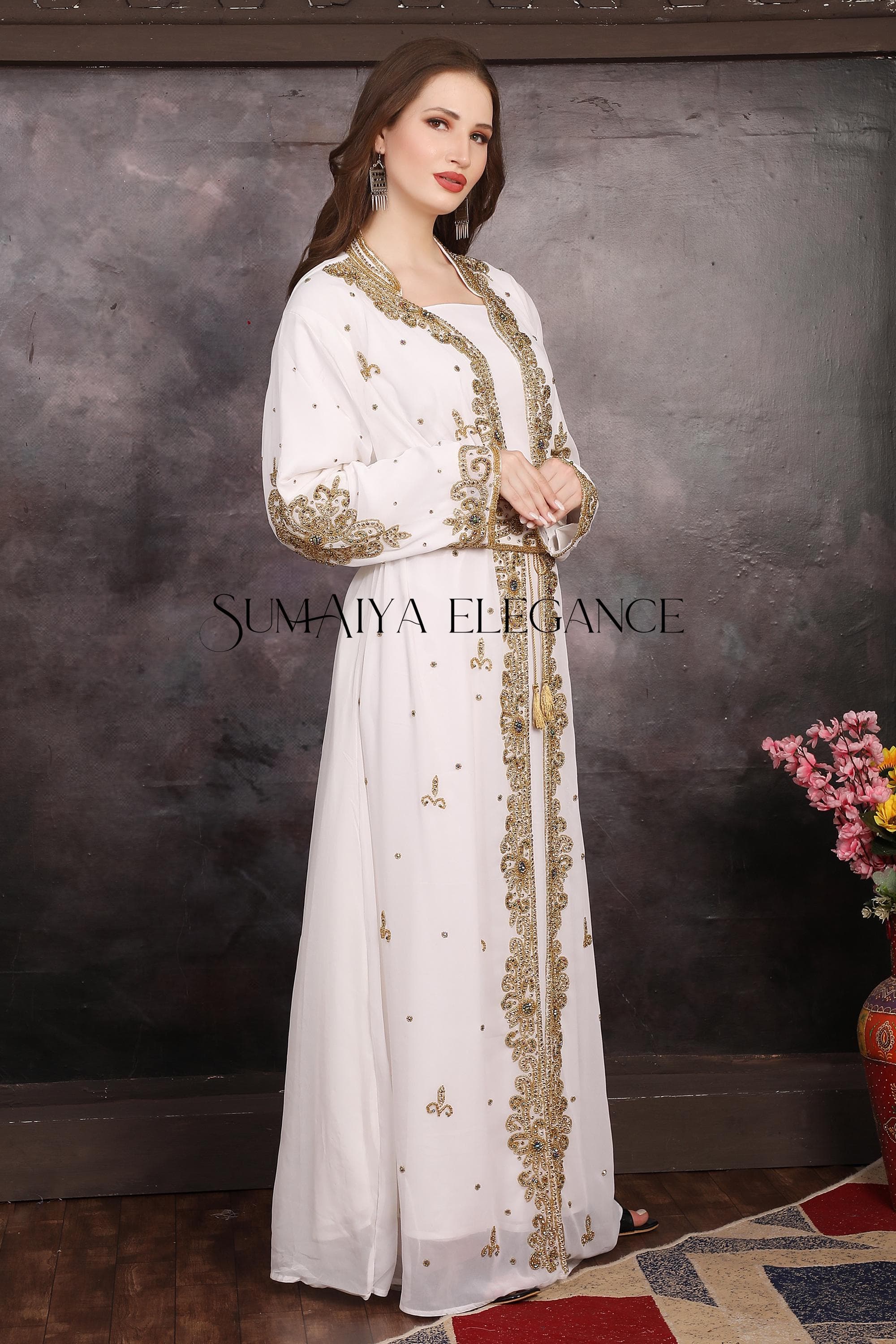 Elegant White and Gold Moroccan Kaftan, Embellished Arabic Nikkah Wedding Dress With Belt & Scarf, Eid Outfit - image 5