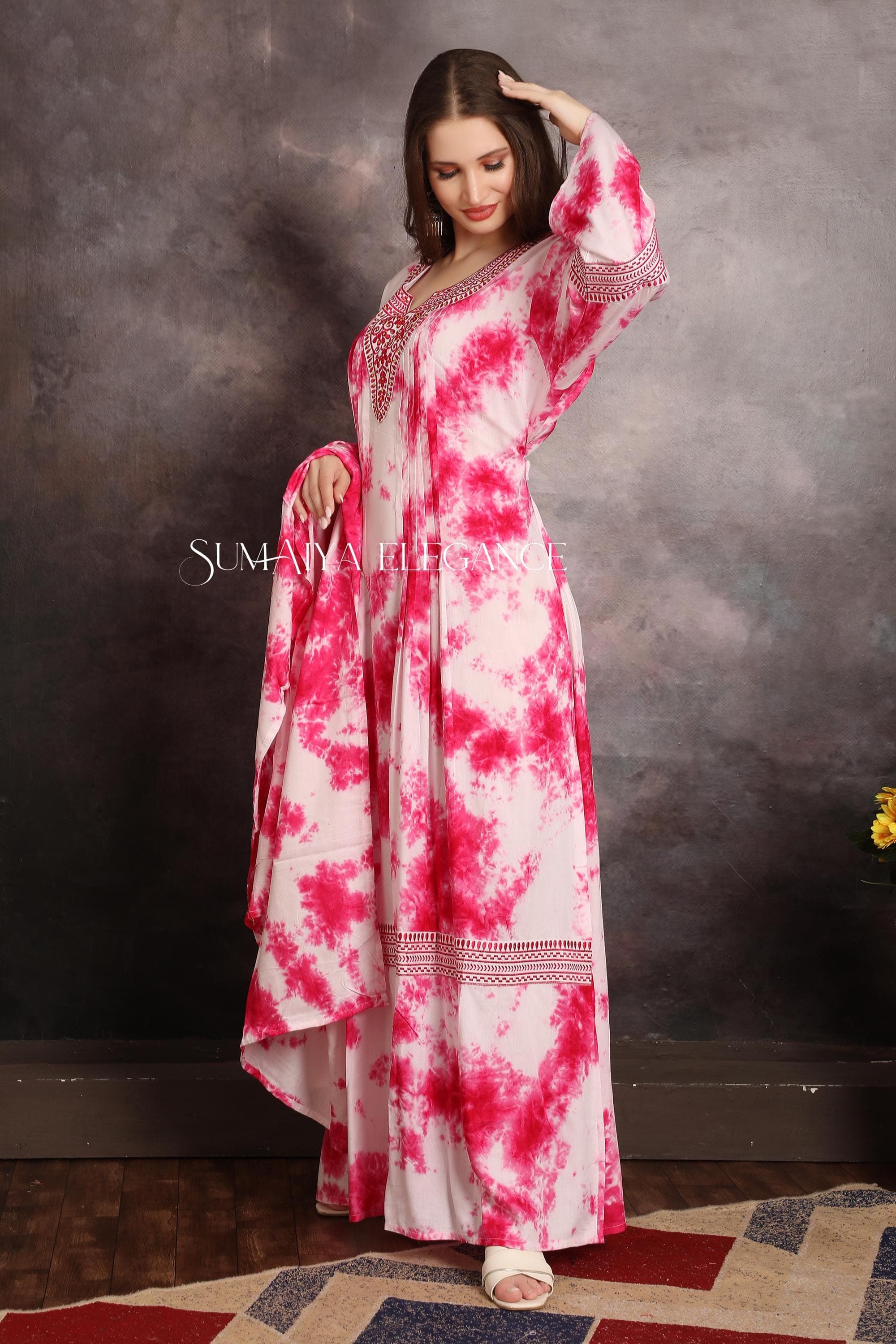 Tie-Dye Cotton Kaftan with Embroidered Details and Dupatta - image 4