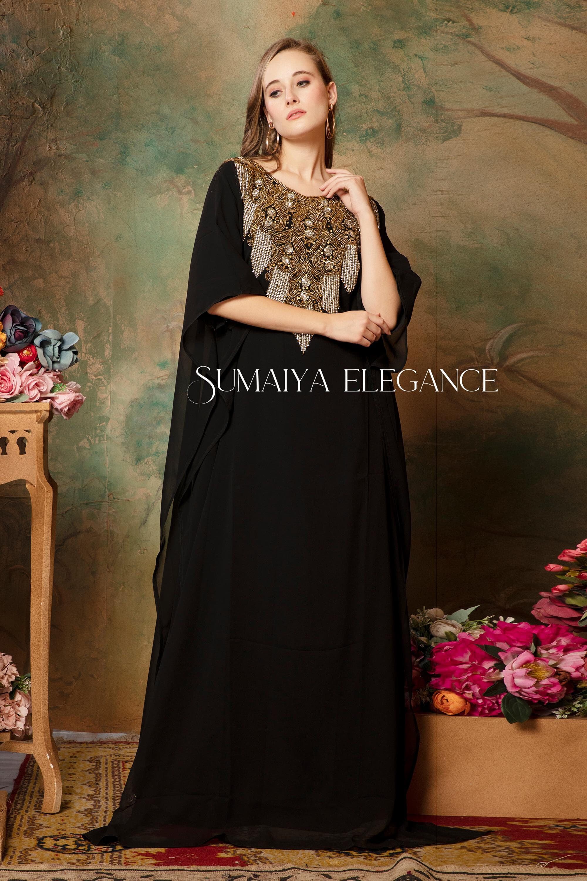 Embellished Georgette Kaftan Abaya with Headscarf