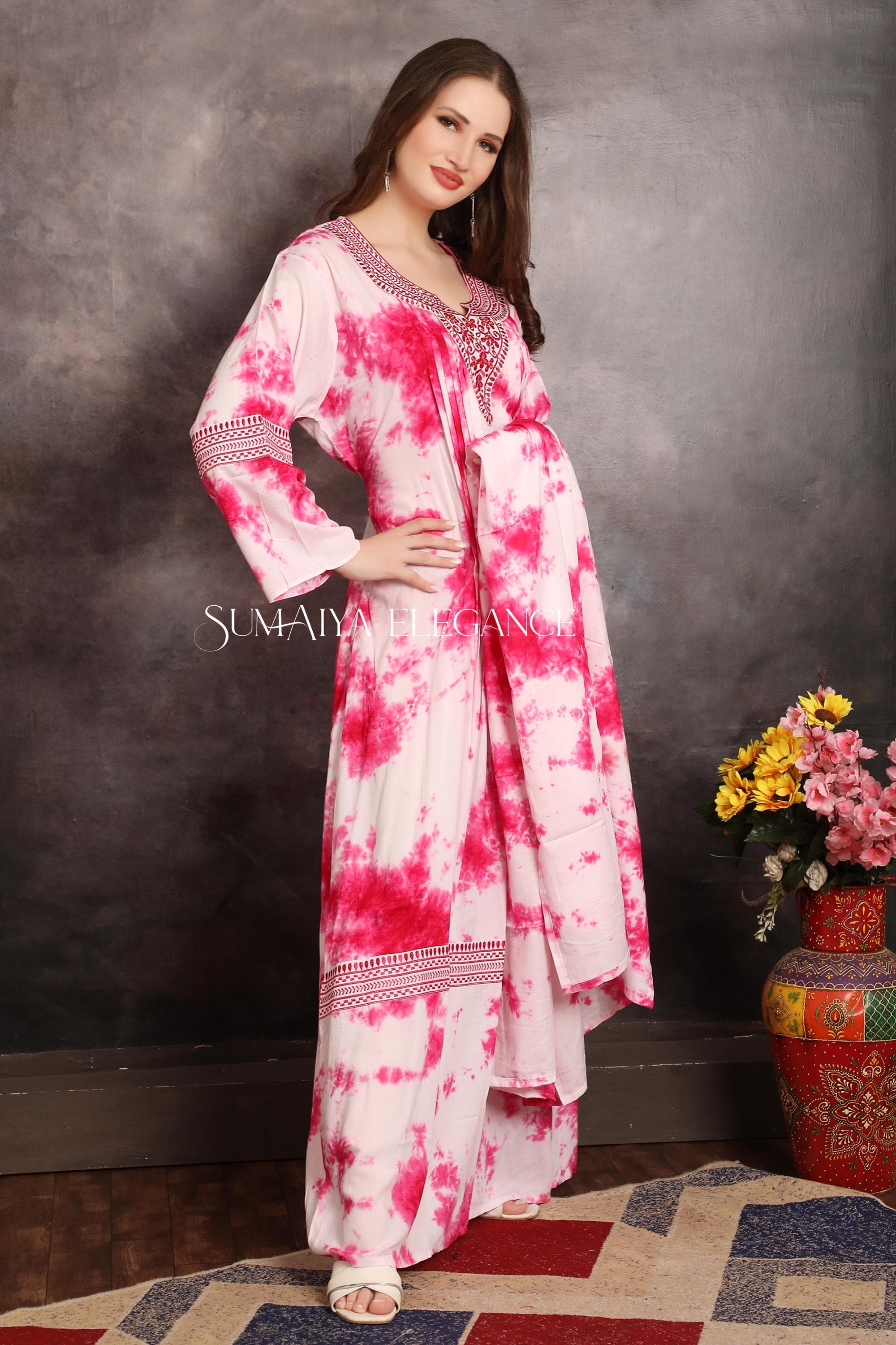 Tie-Dye Cotton Kaftan with Embroidered Details and Dupatta - image 5