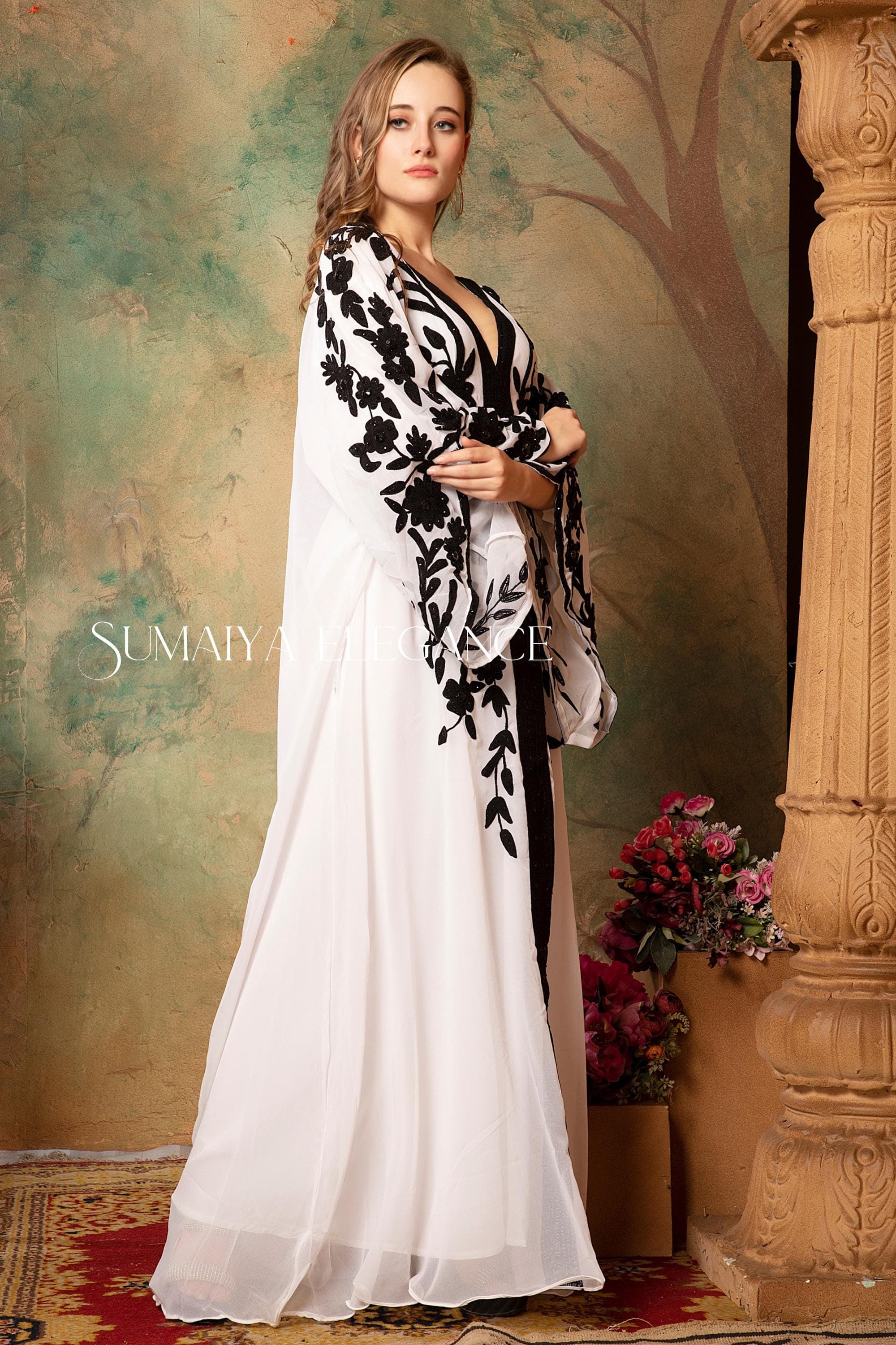 Hand Beaded Kaftan Abaya Dress, Aari Work Georgette, Party Gown - image 5