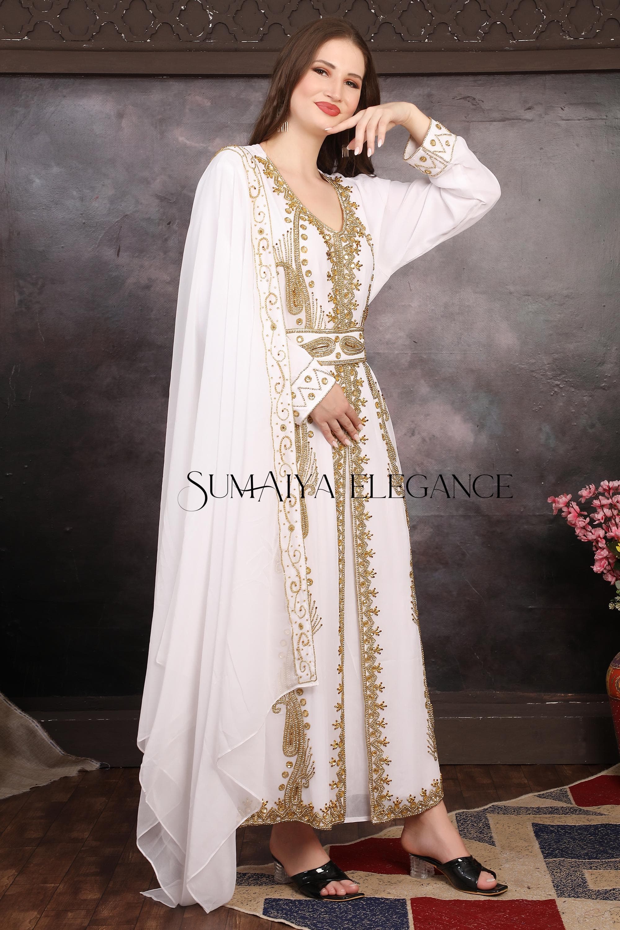 Hand Beaded Moroccan Kaftan with Scarf - Dubai Style Abaya, Party Gown - image 4