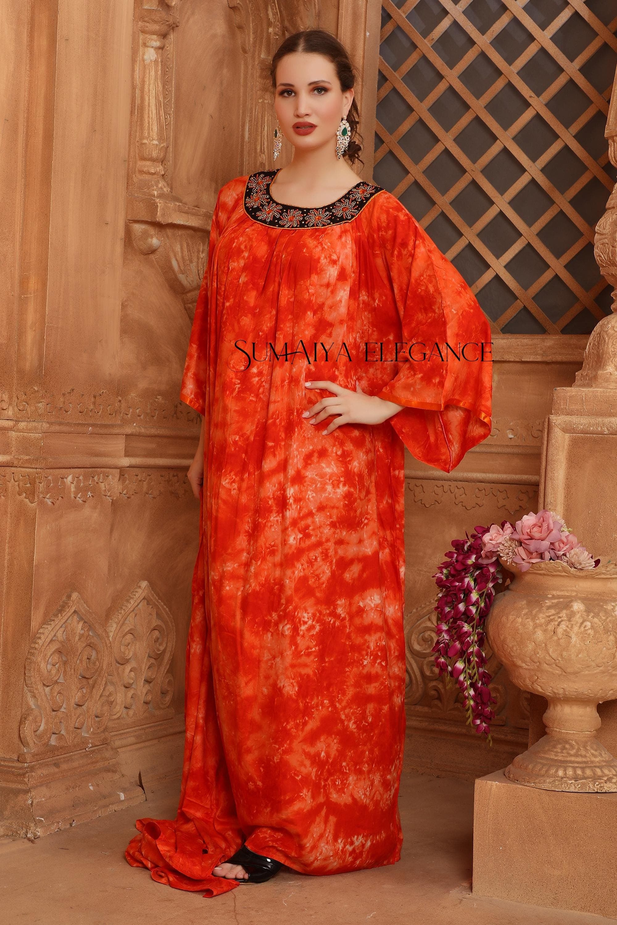 Handmade Embroidered Tie Dye Kaftan Abaya with Scarf - image 4