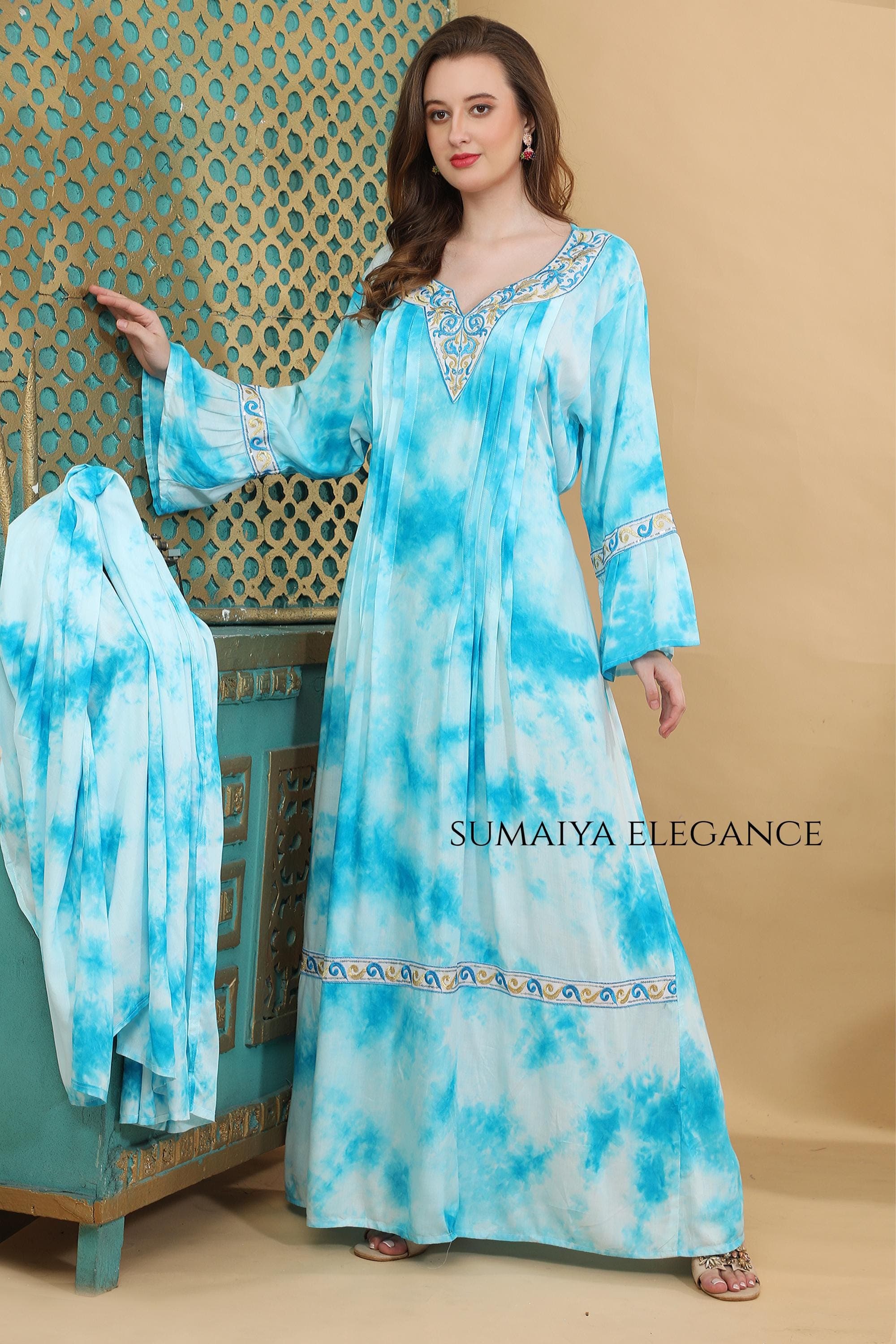 Tie Dye Kaftan Dress, Embroidered V Neck Farasha, Flowy Bell Sleeve Maxi Dress