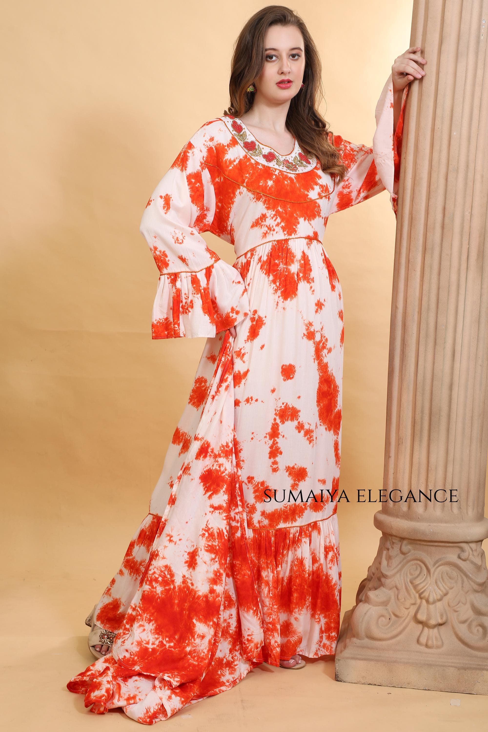 Hand Embroidered Neck Maxi Kaftan Dress, Flowy Sleeve Farasha, Modest Boho Long Dress, Loose Fit Resort Wear for Women - image 3