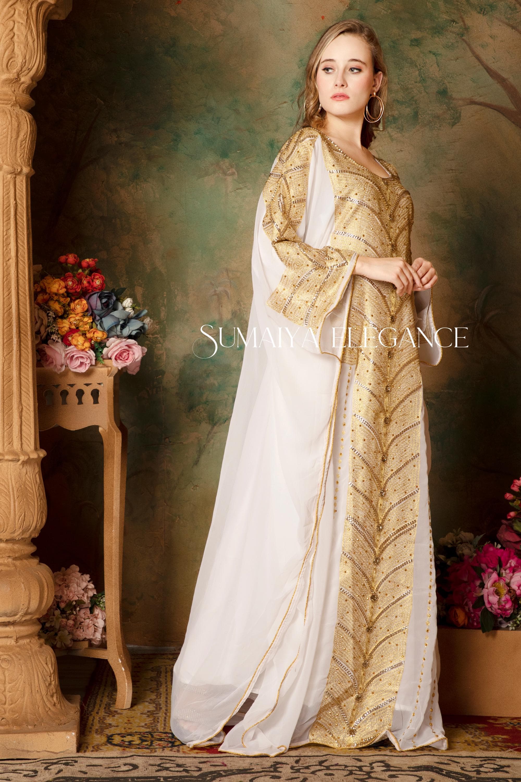 Hand Beaded Georgette Abaya Dress, Dubai Kaftan with Headscarf - image 4