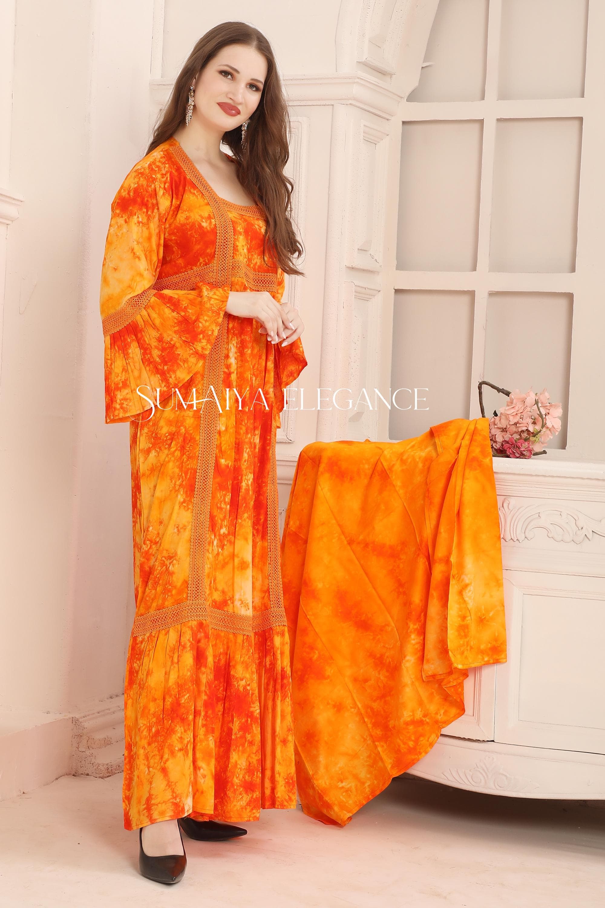 Orange Embroidered Kaftan Dress with Lace & Head Scarf - image 4