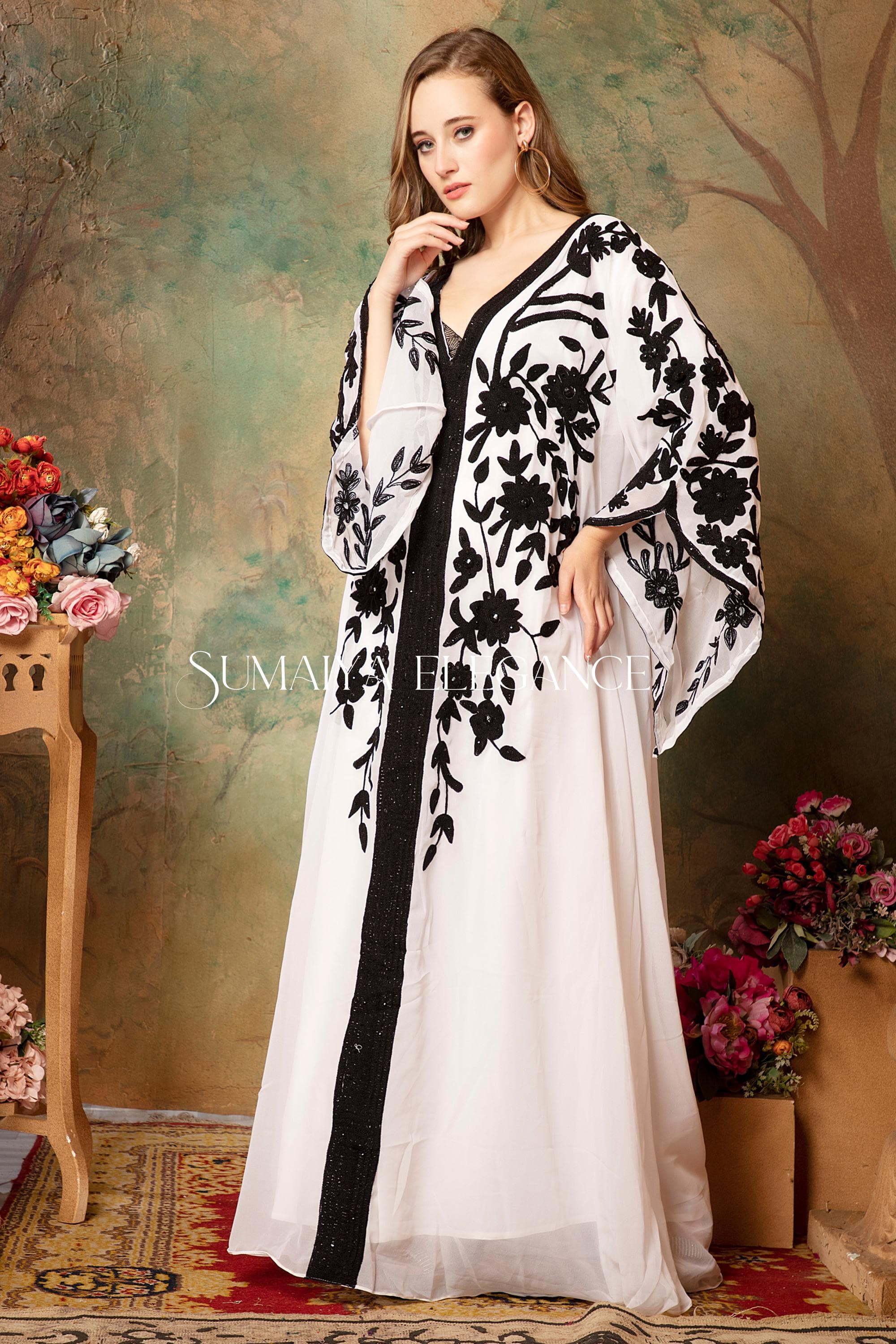 Hand Beaded Kaftan Abaya Dress, Aari Work Georgette, Party Gown - image 4