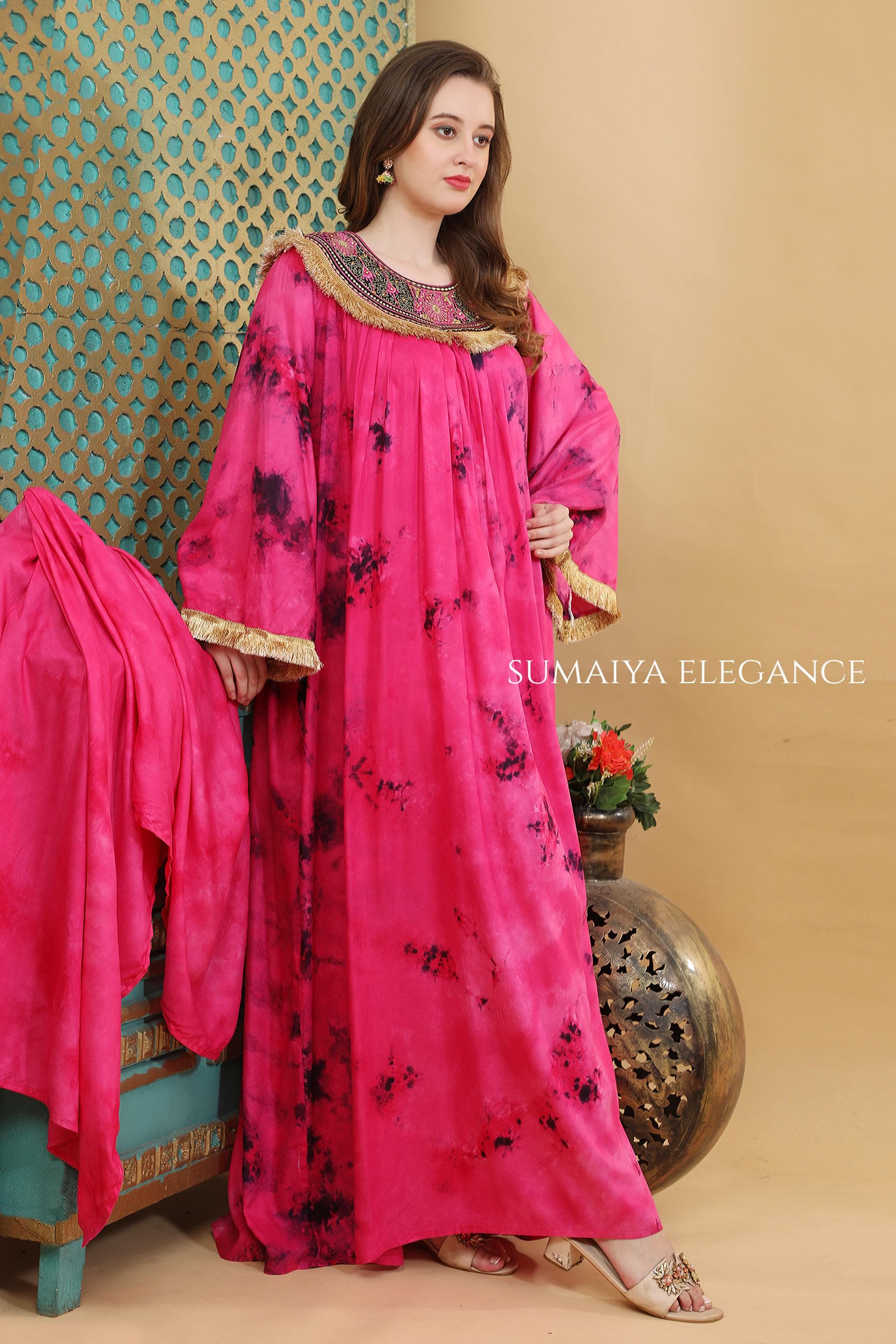 Embroidered Kaftan Dress, Round Neck Farasha, Flowy Maxi Kaftan, Fringe Detail Bell Sleeve Dress, Elegant Modest Wear - image 3