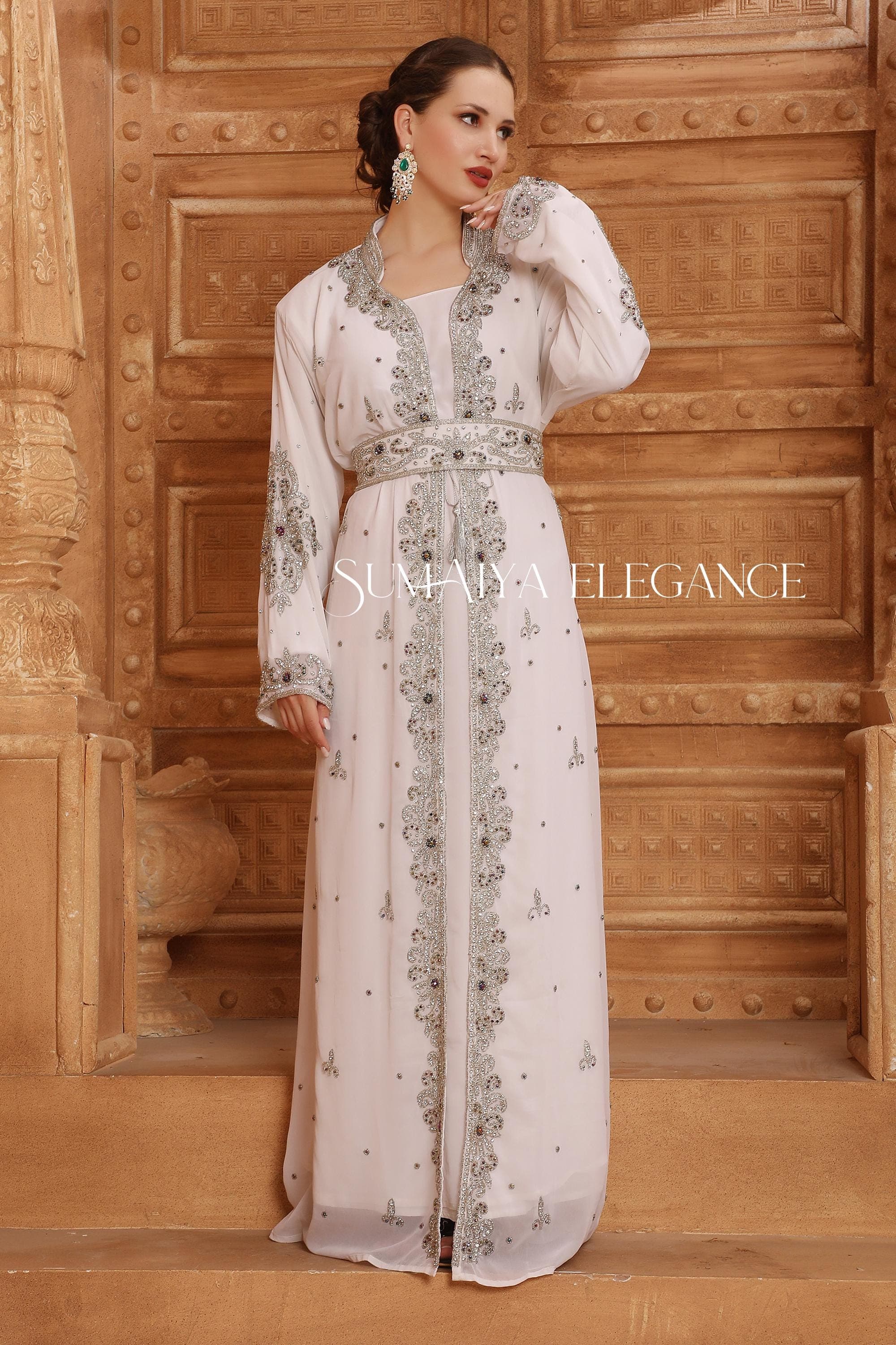 Leena Moroccan Dubai Kaftan Arabic Abaya Hand Beaded Caftan Maxi Farasha Floor Length Party Wear Wedding Gown Beach Stylish Jalabiya Dress