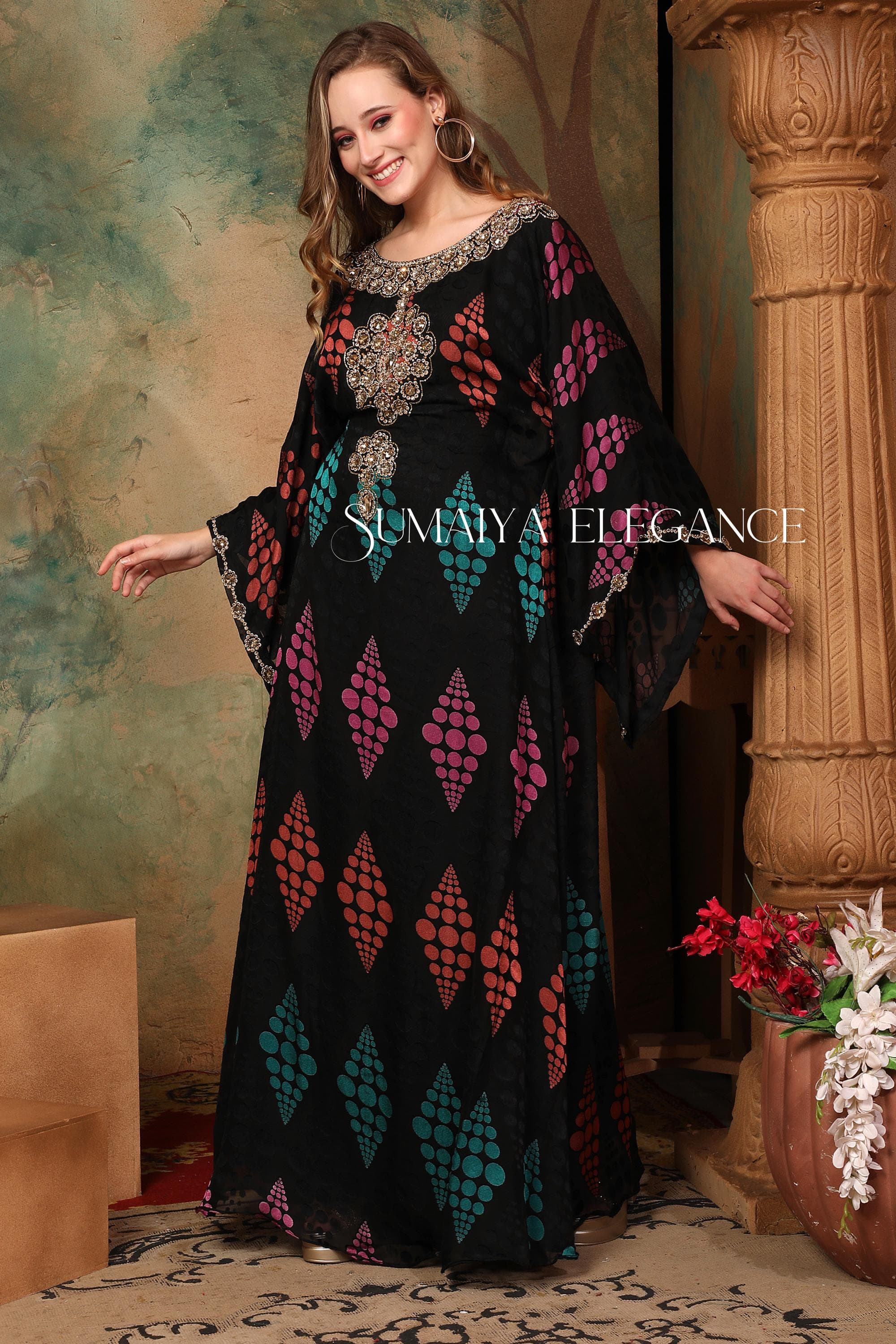 Printed Georgette Caftan, Moroccan Dubai Style, Embellished Abaya - image 4