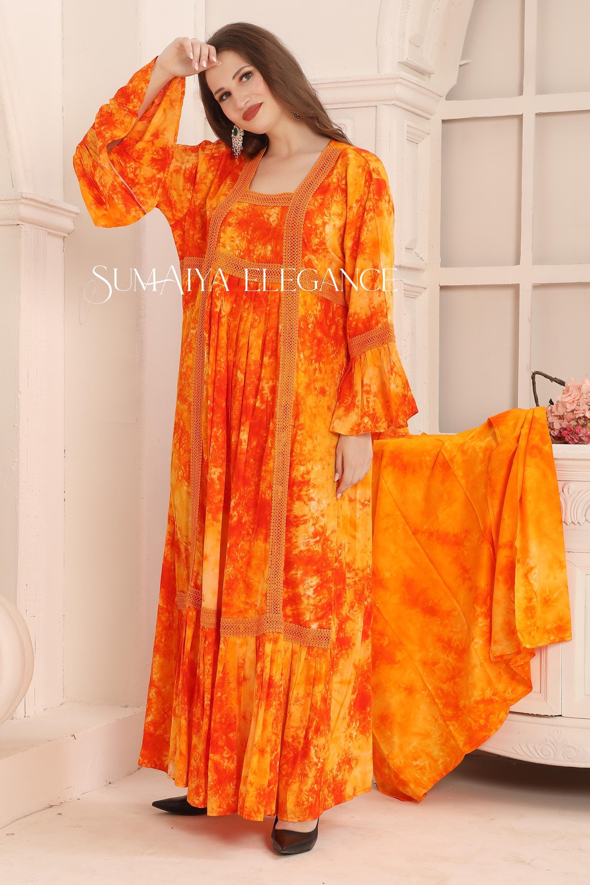 Orange Embroidered Kaftan Dress with Lace & Head Scarf - image 5