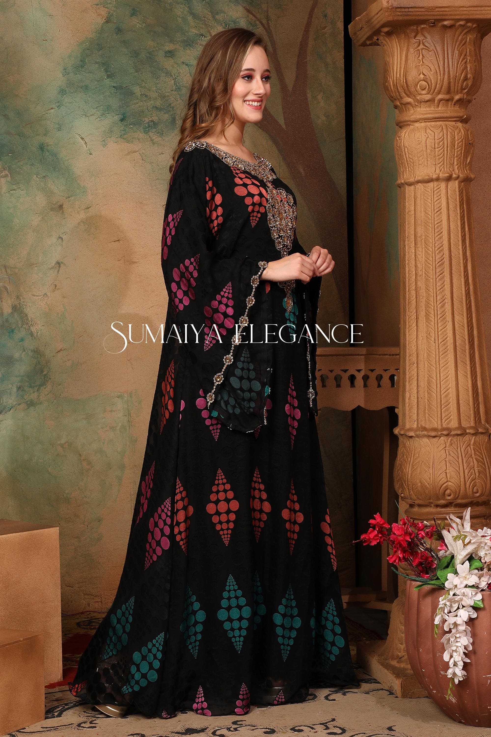 Printed Georgette Caftan, Moroccan Dubai Style, Embellished Abaya - image 5