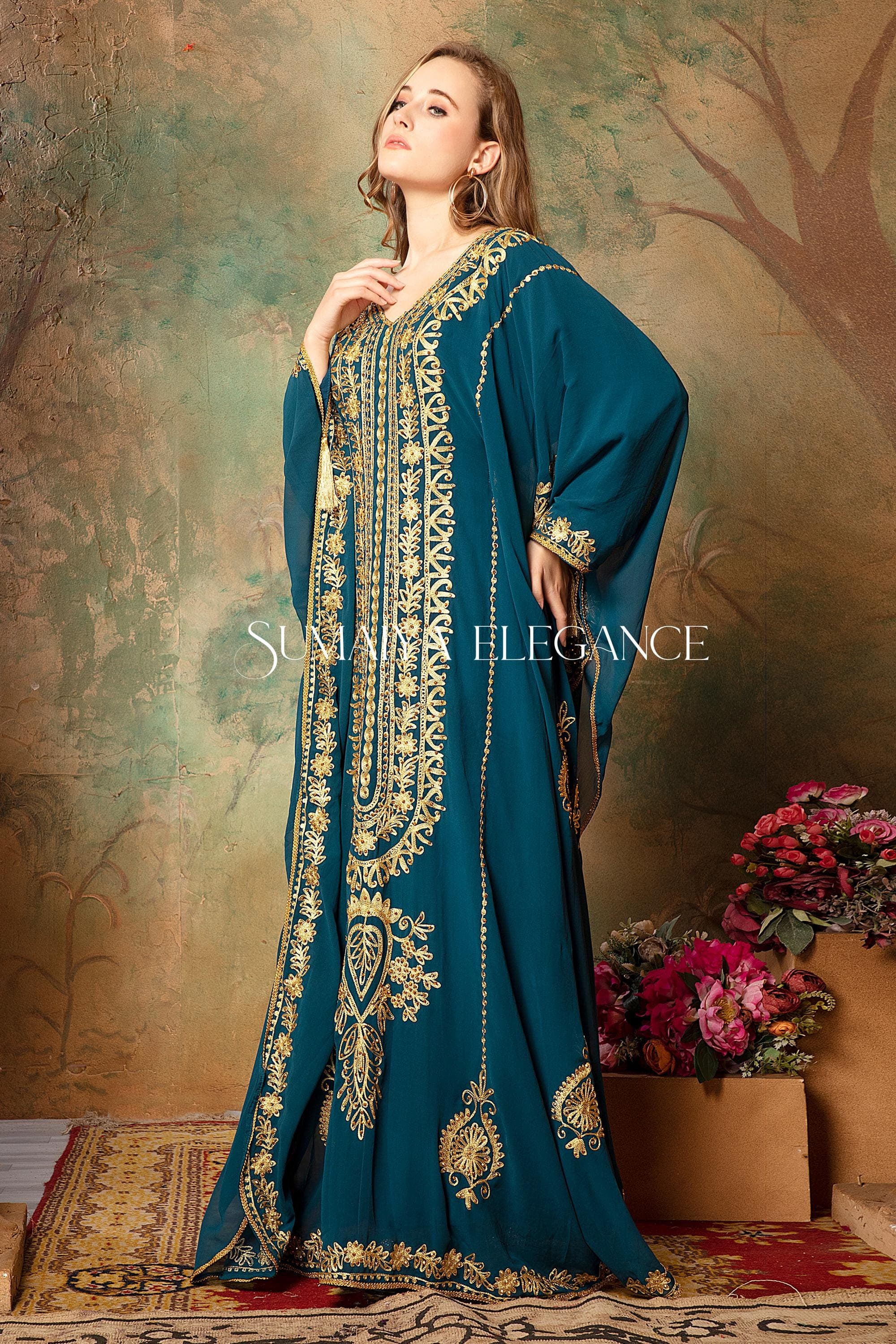 Embroidered Dubai Kaftan Abaya with Head Scarf - image 5