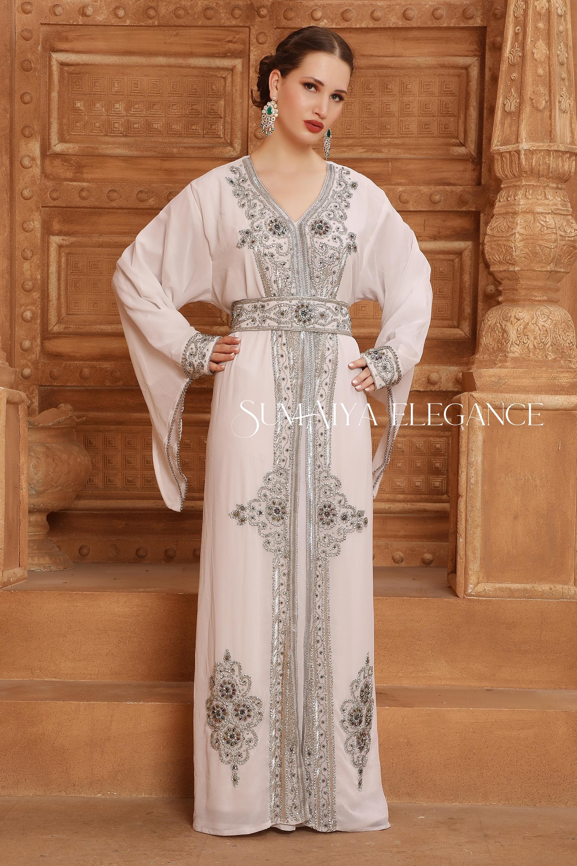 Hand Embellished Moroccan Kaftan Abaya, Arabic Wedding Dress with Scarf