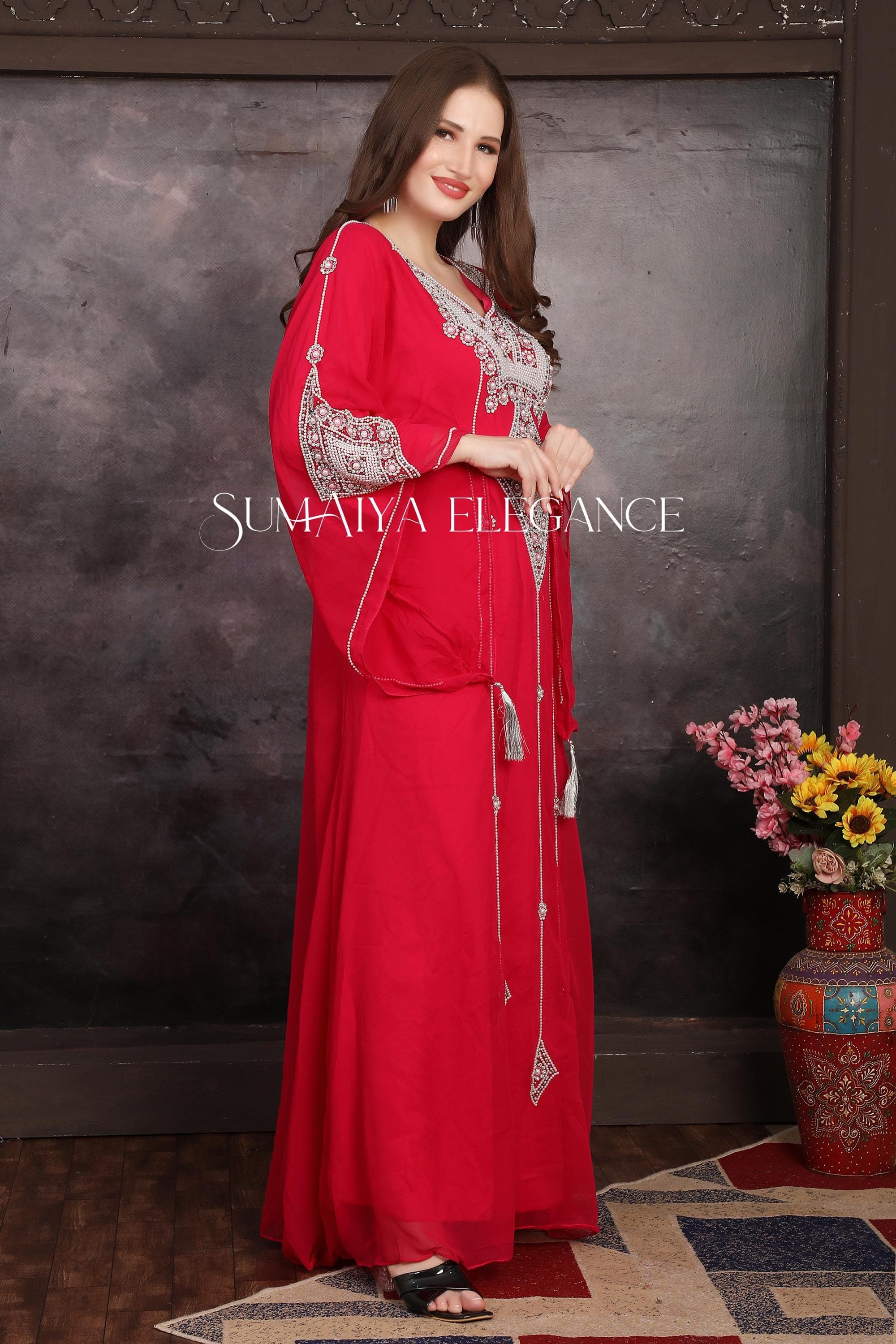 Hand Beaded Moroccan Kaftan Dress, Dubai Abaya with Scarf - image 4