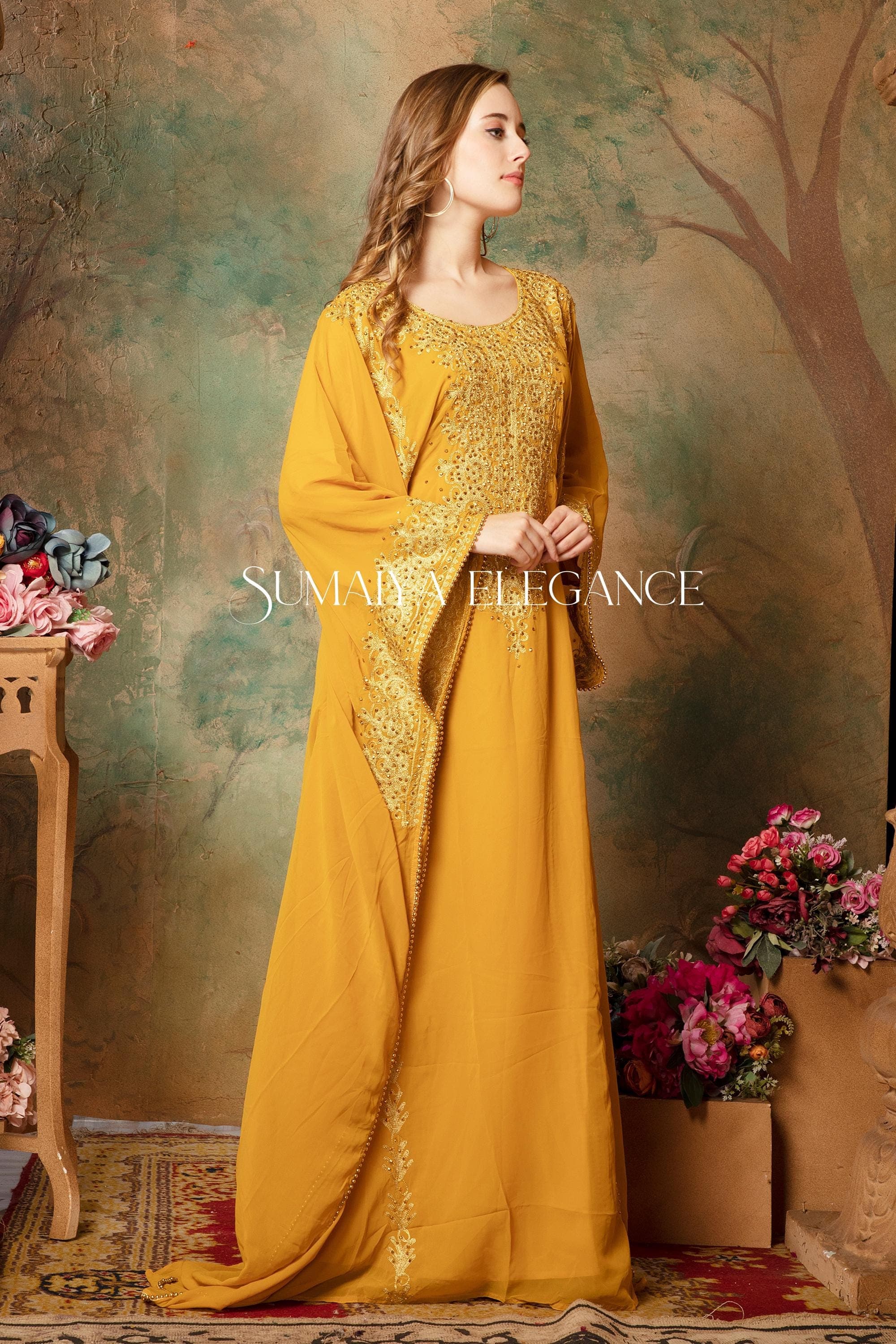 Hand Beaded Moroccan Caftan, Aari Embroidered Dubai Evening Gown