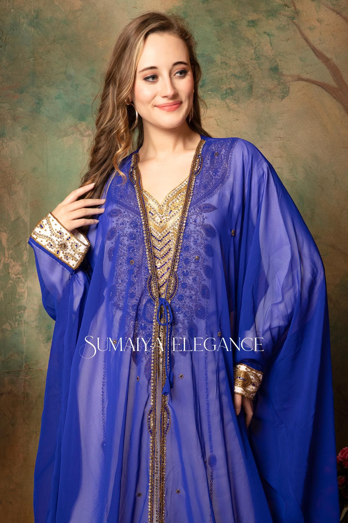 Royal Blue Georgette Kaftan Dress, Hand-Embellished Abaya with Scarf - image 3