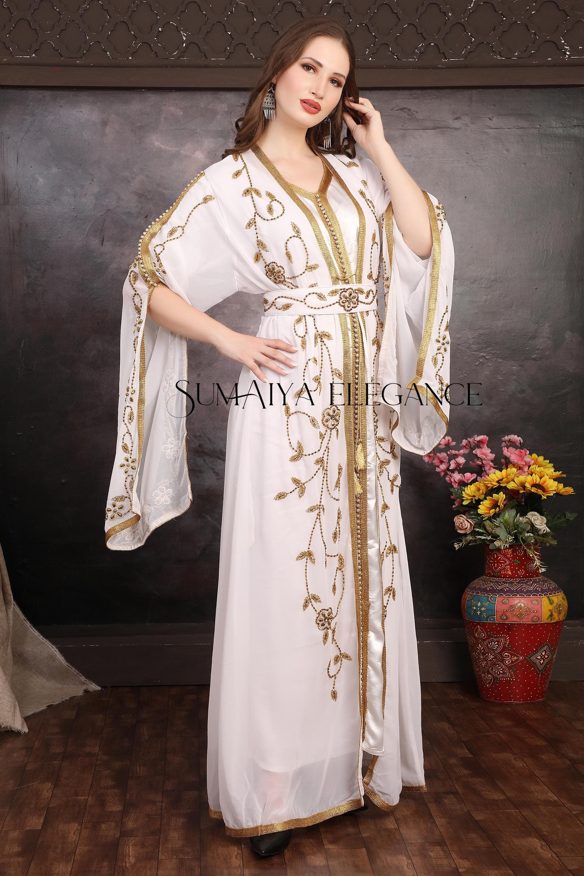 White and Gold Islamic Kaftan, Hand Beaded Moroccan Wedding Maxi Georgette Dress with Hijab - image 4
