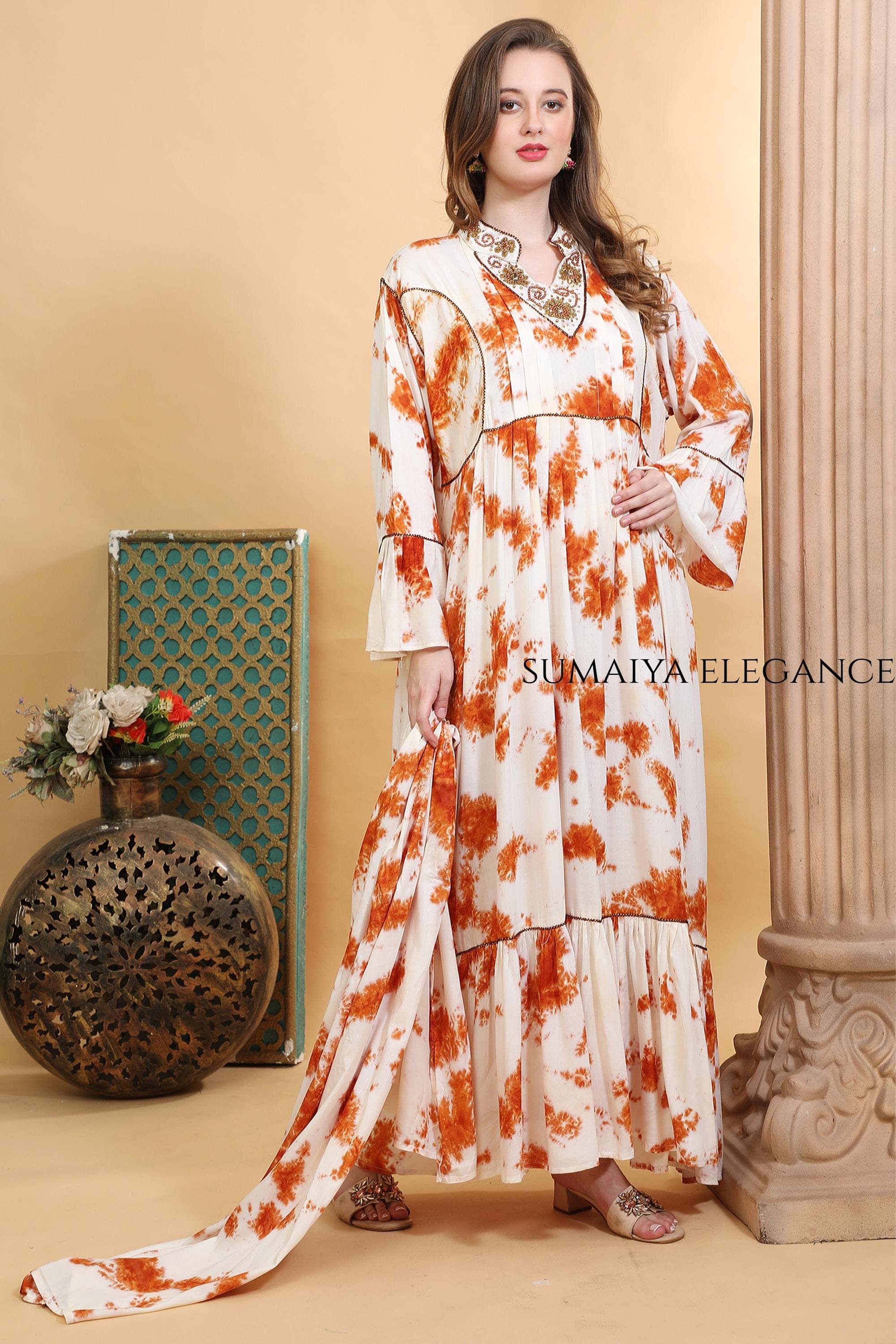 Bohemian Resort Wear Maxi | Tie Dye Beach Vacation Dress | Embroidered Neckline Flowy Summer Gown - image 4