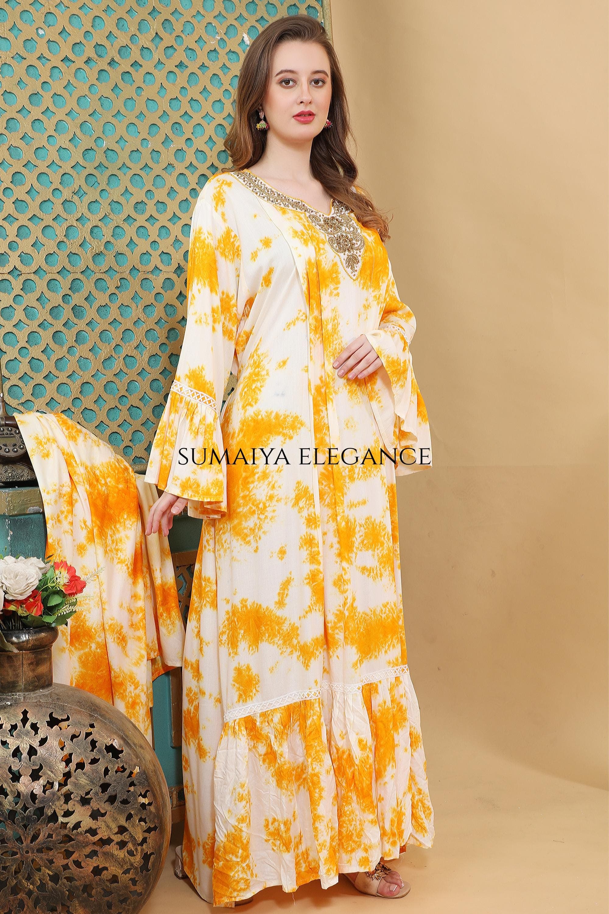 Bohemian Tie Dye Maxi Summer Beach Vacation Dress Lace Trim Bell Sleeve Gown Intricate Neckline Embroidery Long Dress - image 4