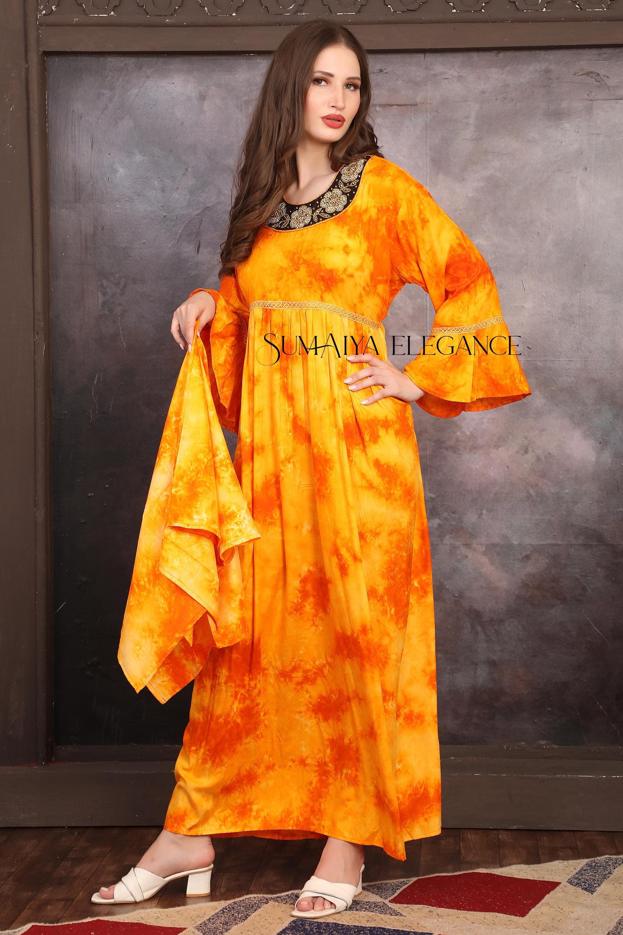 Handmade Rayon Kaftan Dress: Embroidered Tie-Dye Maxi with Scarf - image 5