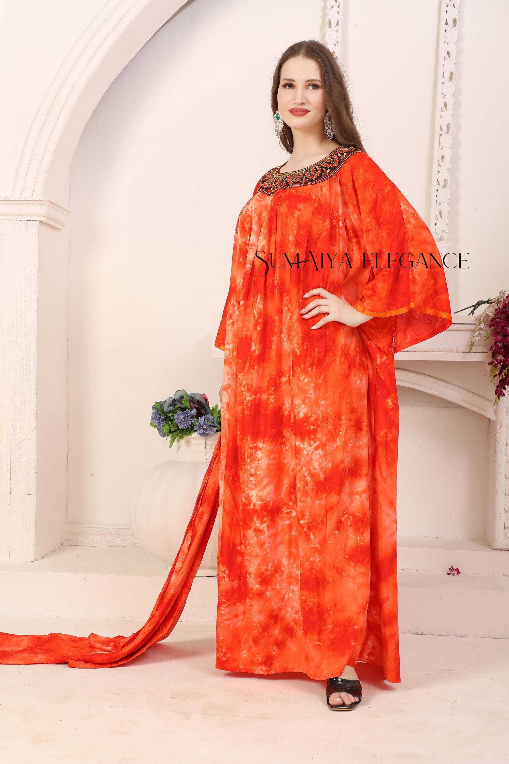 Embroidered Tie-Dye Kaftan Dress with Matching Scarf - image 4
