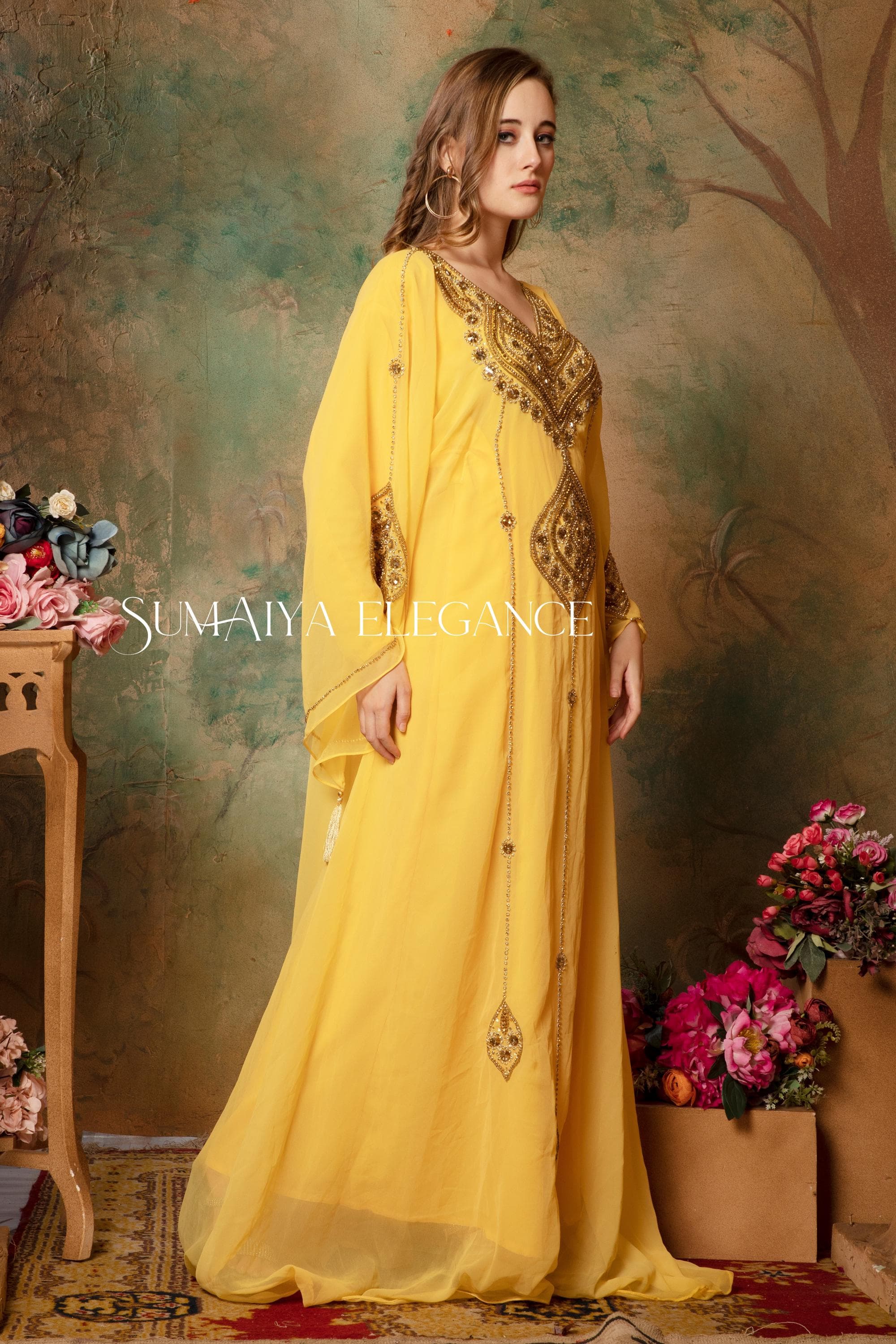 Hand Beaded Moroccan Caftan, Georgette Arabic Takchita with Scarf - image 4