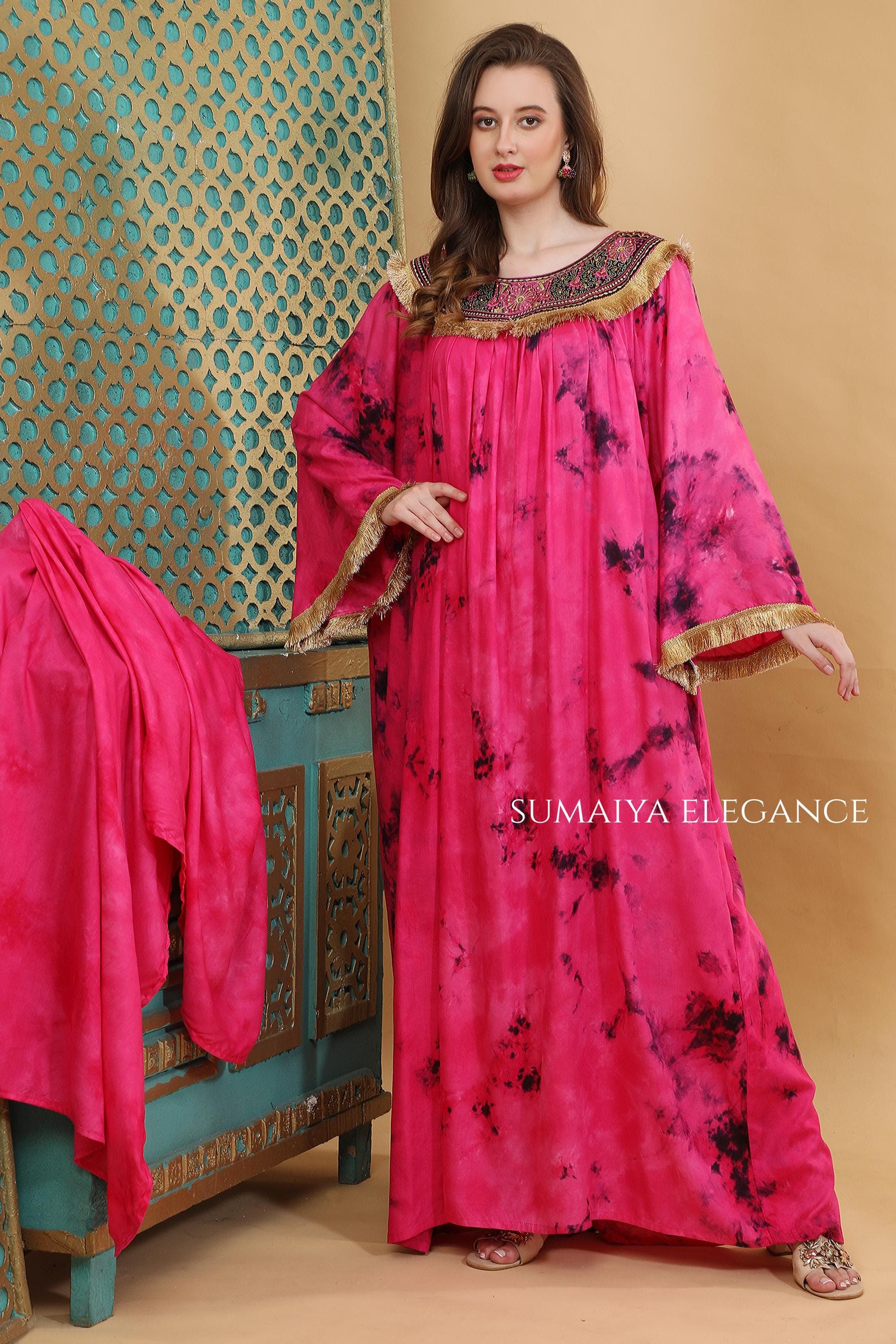 Embroidered Kaftan Dress, Round Neck Farasha, Flowy Maxi Kaftan, Fringe Detail Bell Sleeve Dress, Elegant Modest Wear - image 4