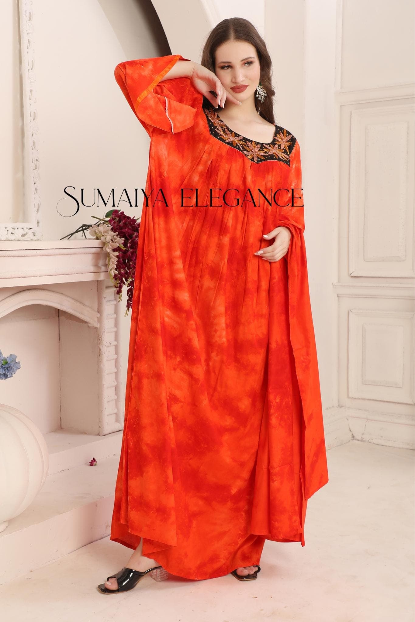 Handmade Pleated Kaftan Dress | Beaded Abaya Gown, Matching Scarf - image 4