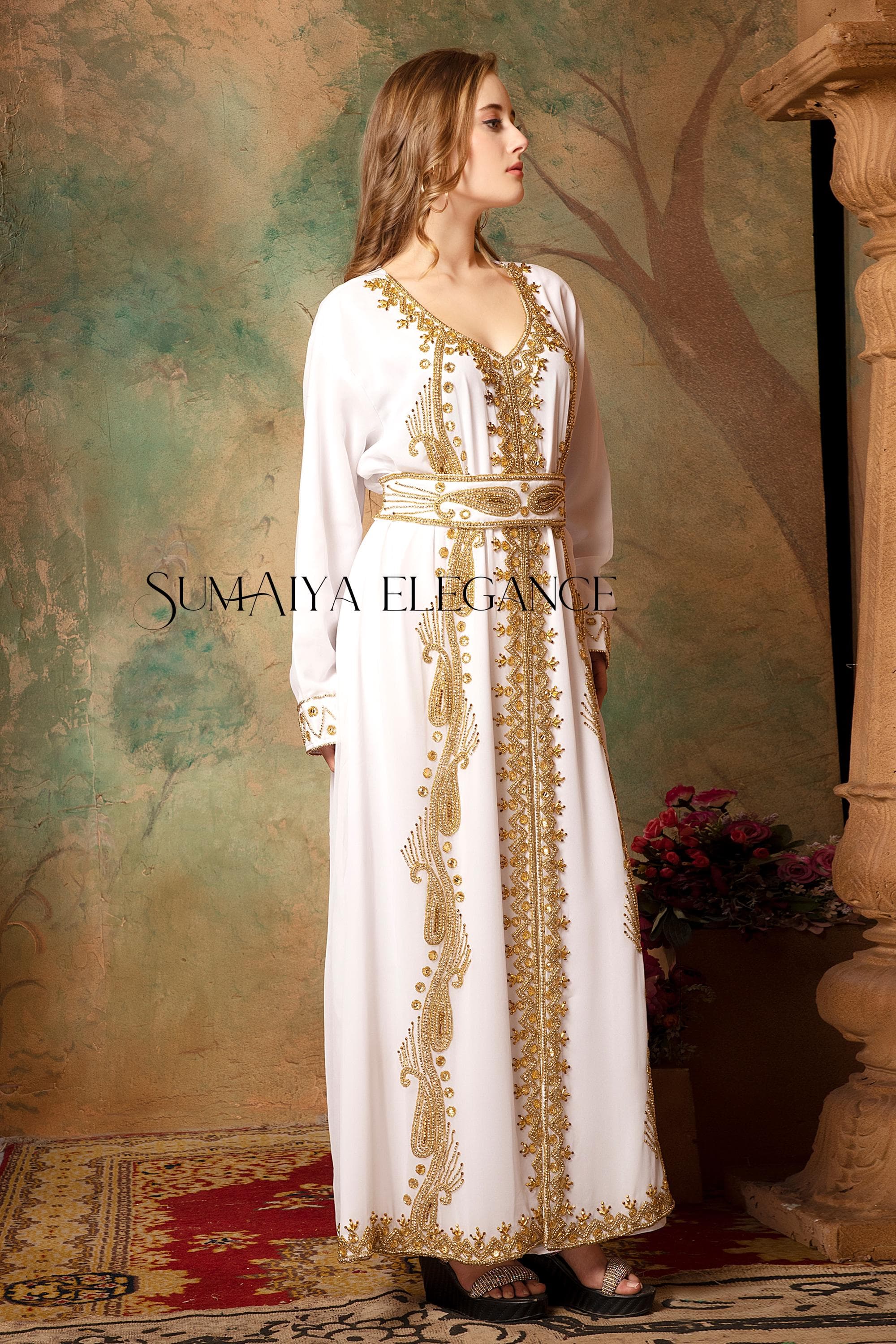 Hand Beaded Georgette Kaftan Abaya, Wedding Maxi Gown with Scarf - image 5